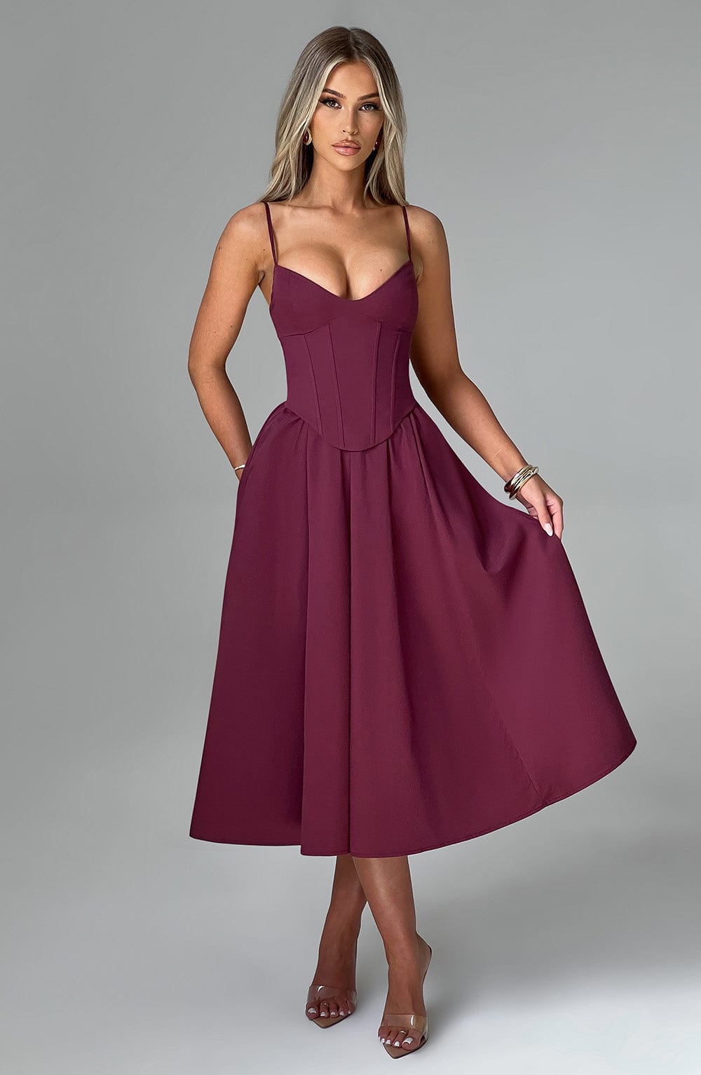 Mariella Corset Midi Dress in Cherry Lacquer - Boned Bodice & Voluminous Skirt
