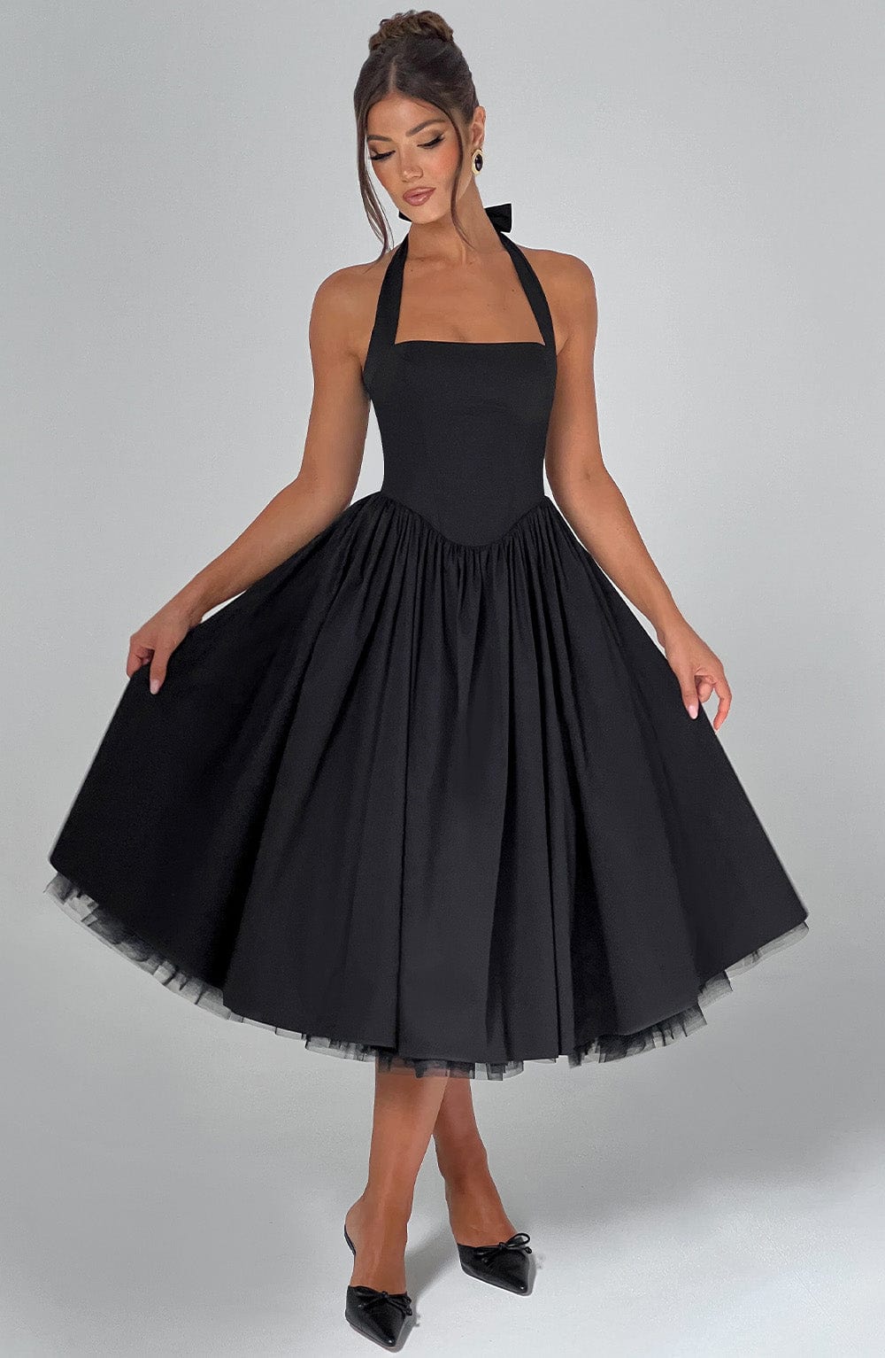Black Cressida Midi Dress with Tulle Skirt & Lace-Up Back