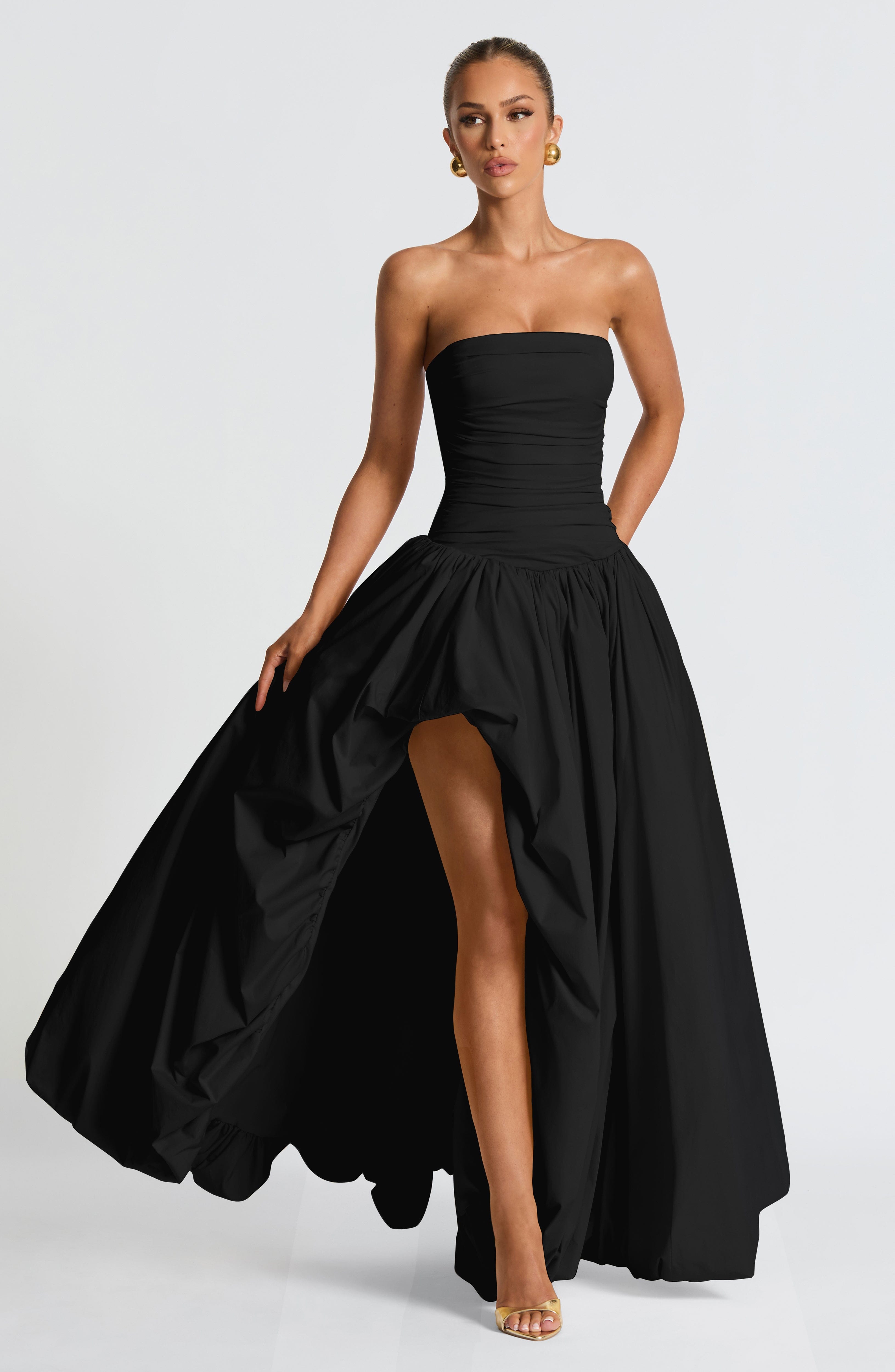 Jillian Strapless Black Maxi Dress with Lace-Up Back
