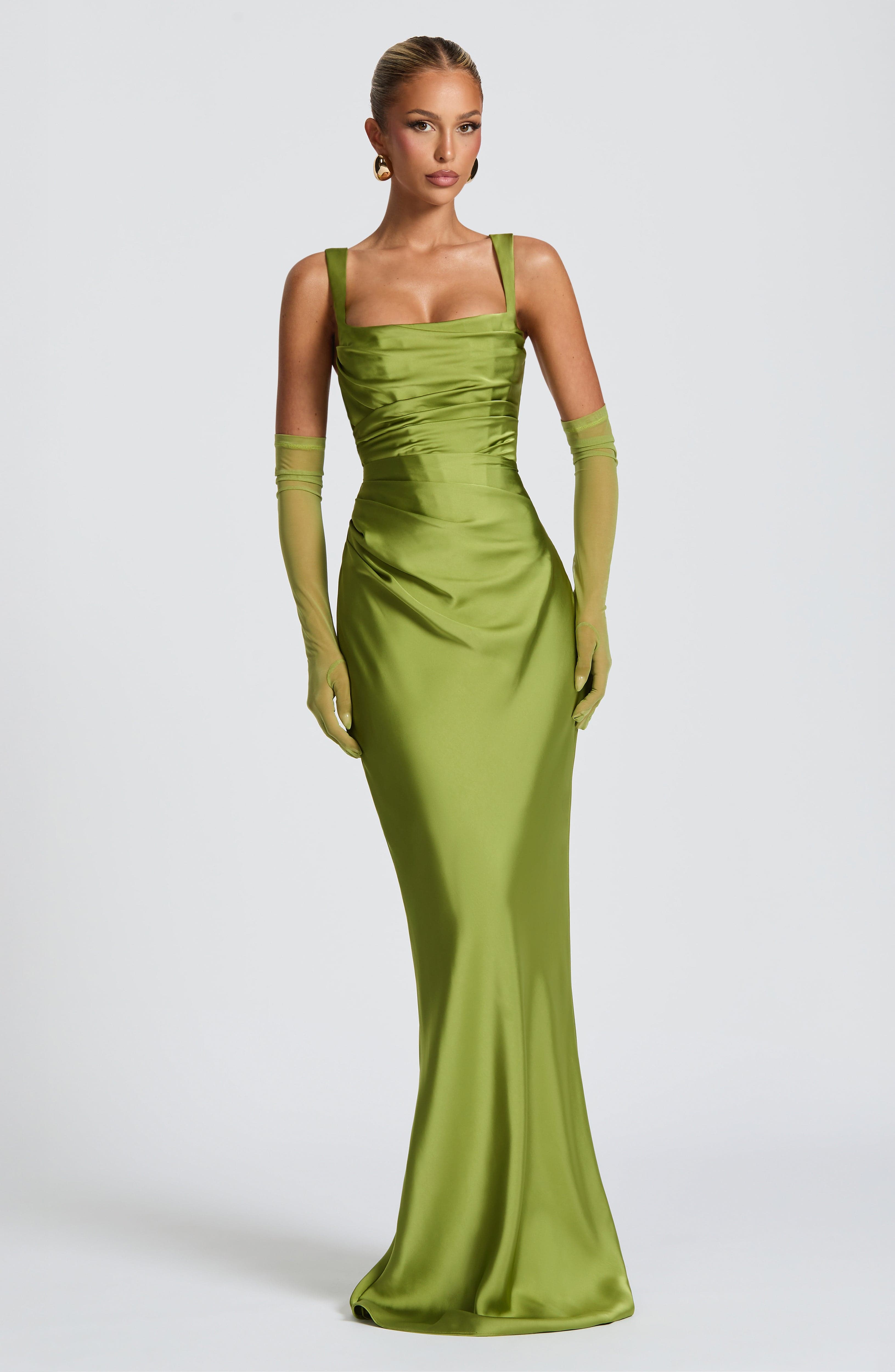 Calanthe Olive Satin Maxi Dress with Lace-Up Back