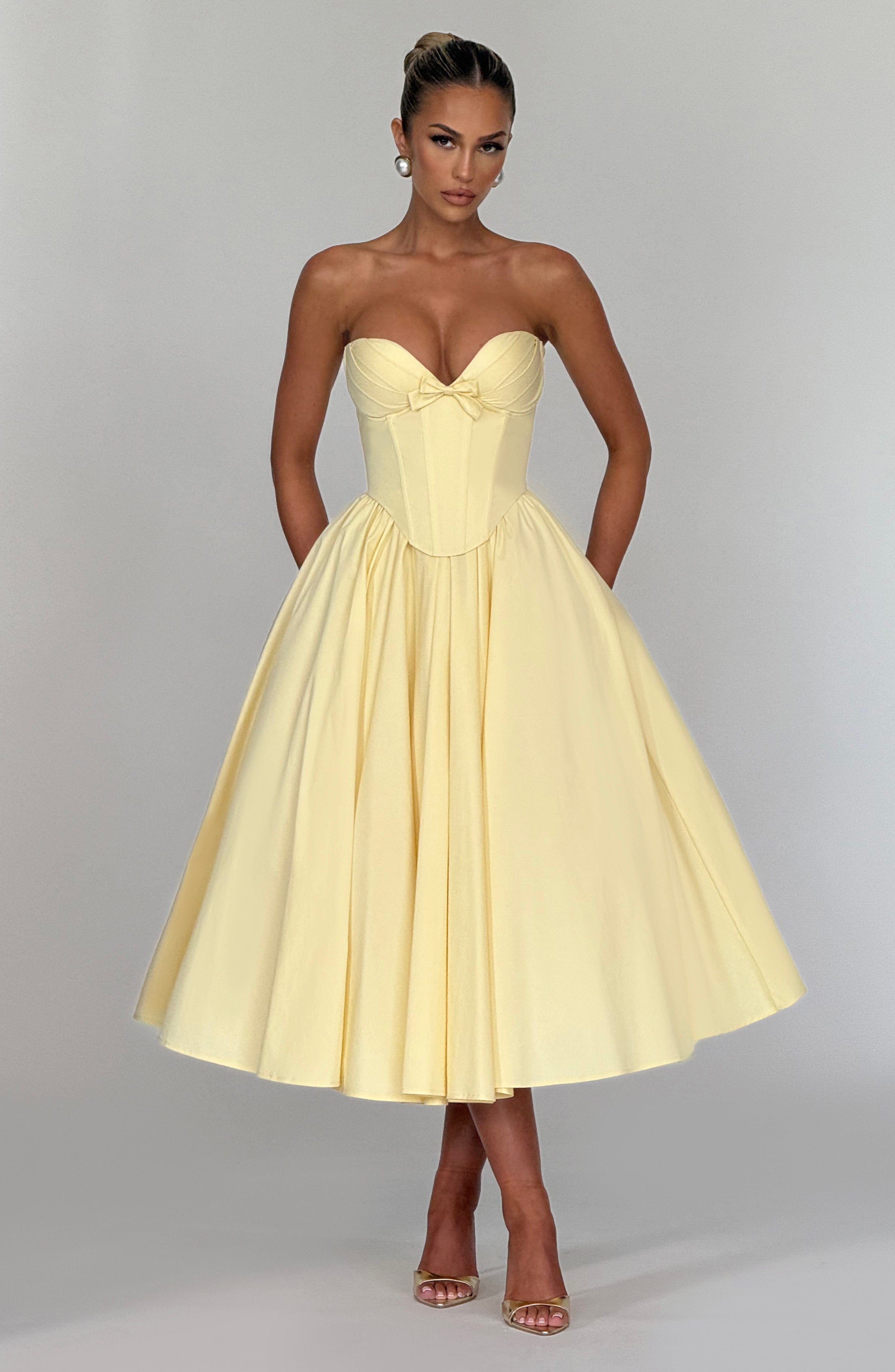 Lemon Strapless Corset Midi Dress with Lace-Up Back