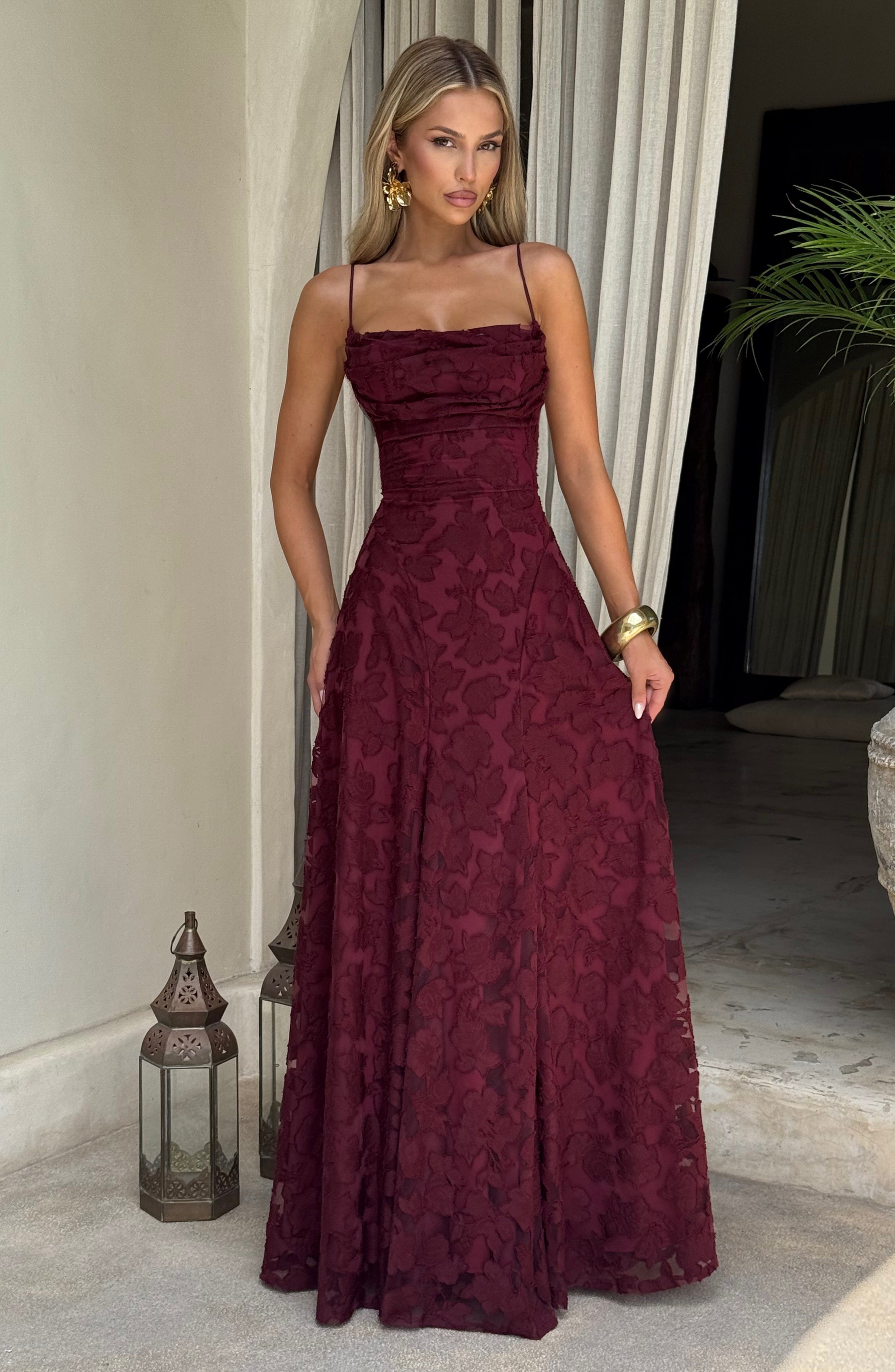 Cherry Lacquer Floral Maxi Dress with Lace Up Back - Francis