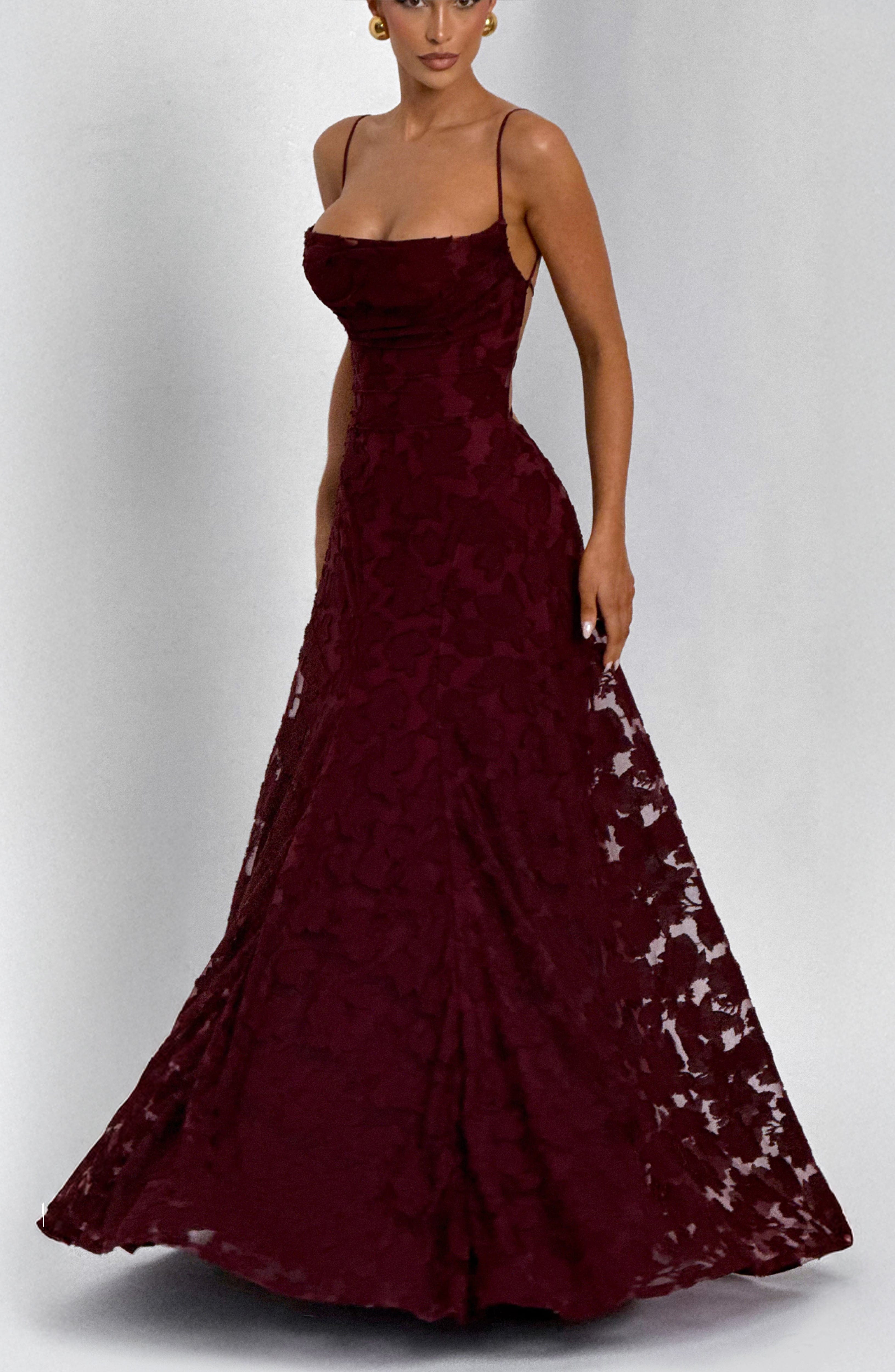 Cherry Lacquer Floral Maxi Dress with Lace Up Back - Francis