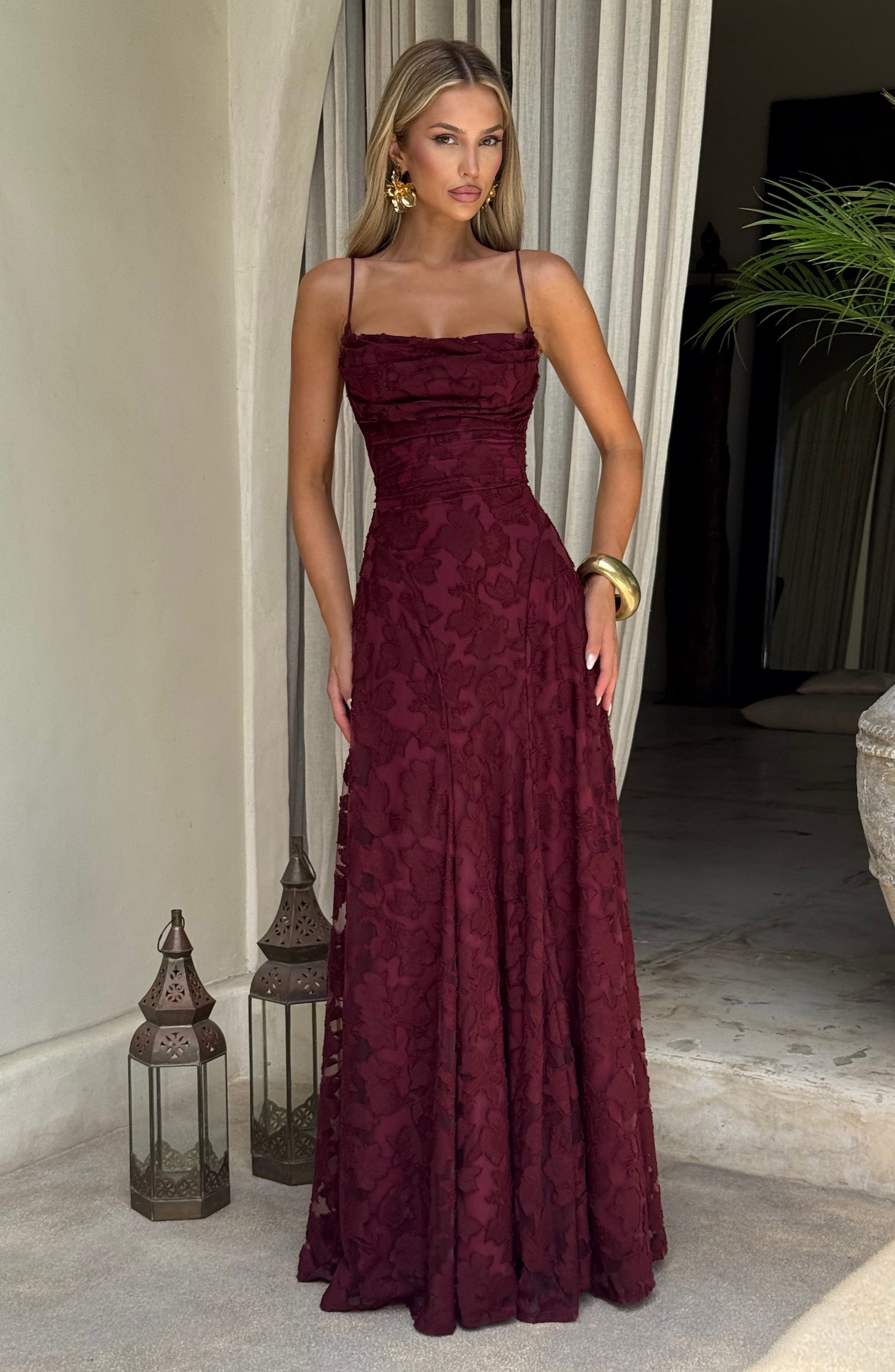 Cherry Lacquer Floral Maxi Dress with Lace Up Back - Francis
