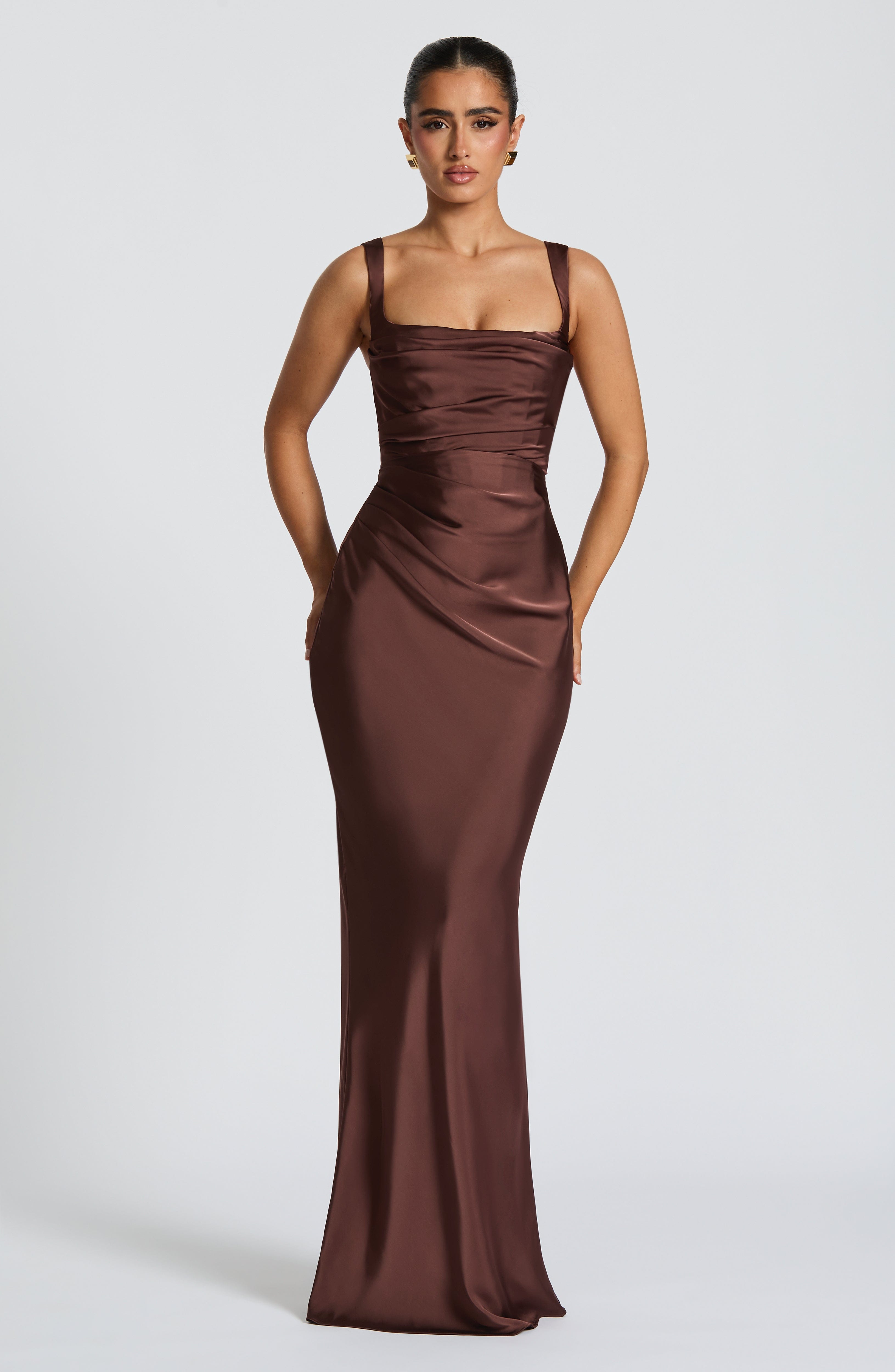 Calanthe Satin Maxi Dress with Lace Up Back - Plum Brown