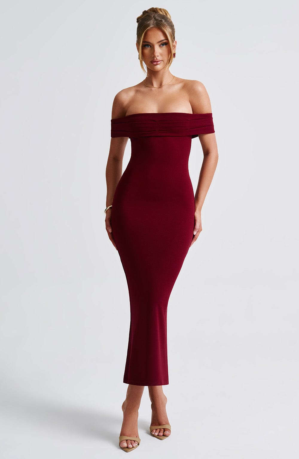 Bex Burgundy Midi Dress with Bardot Neckline & Fit-Flare Skirt