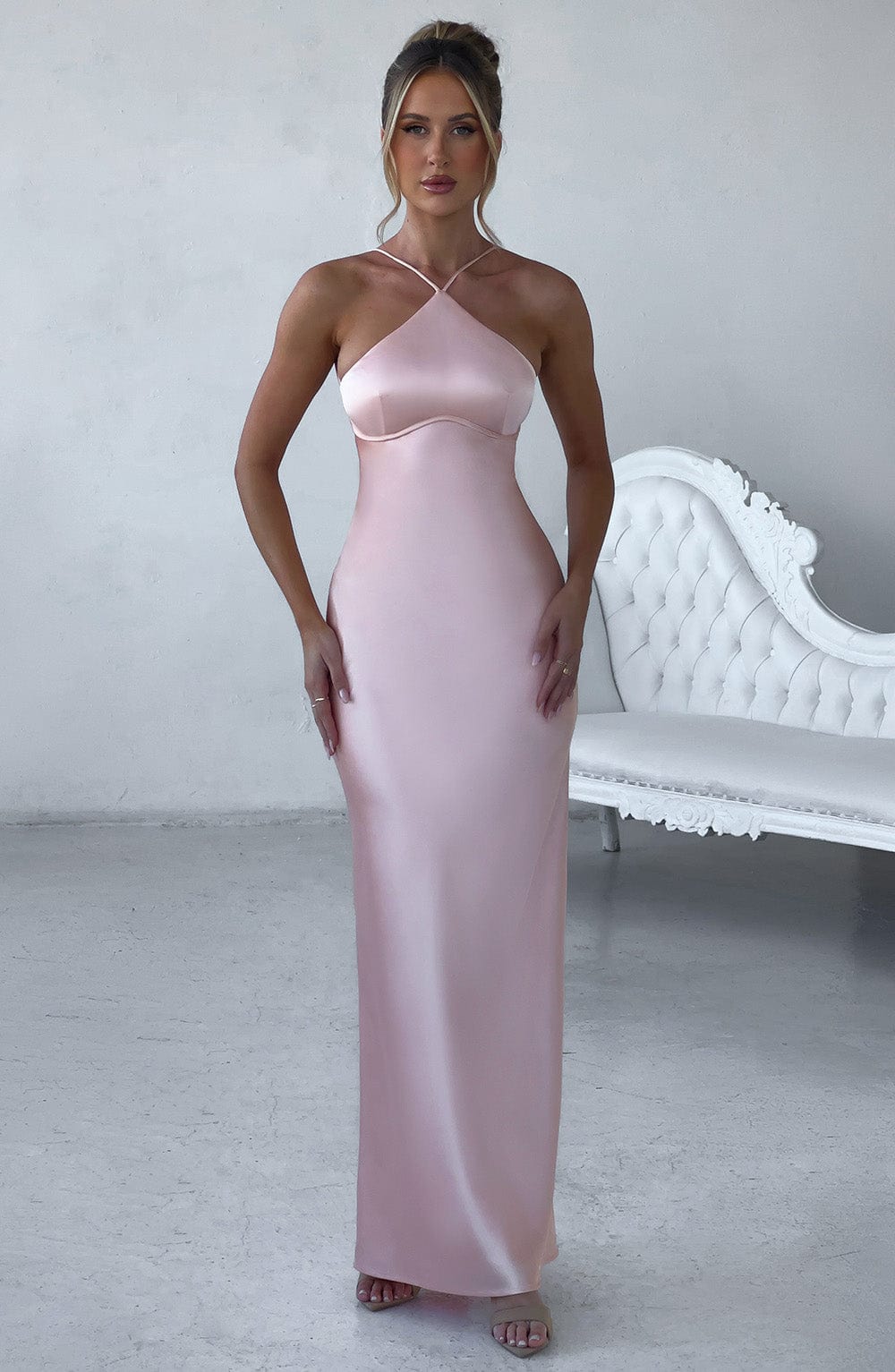 Sinead Satin Maxi Dress with V-Back in Peach