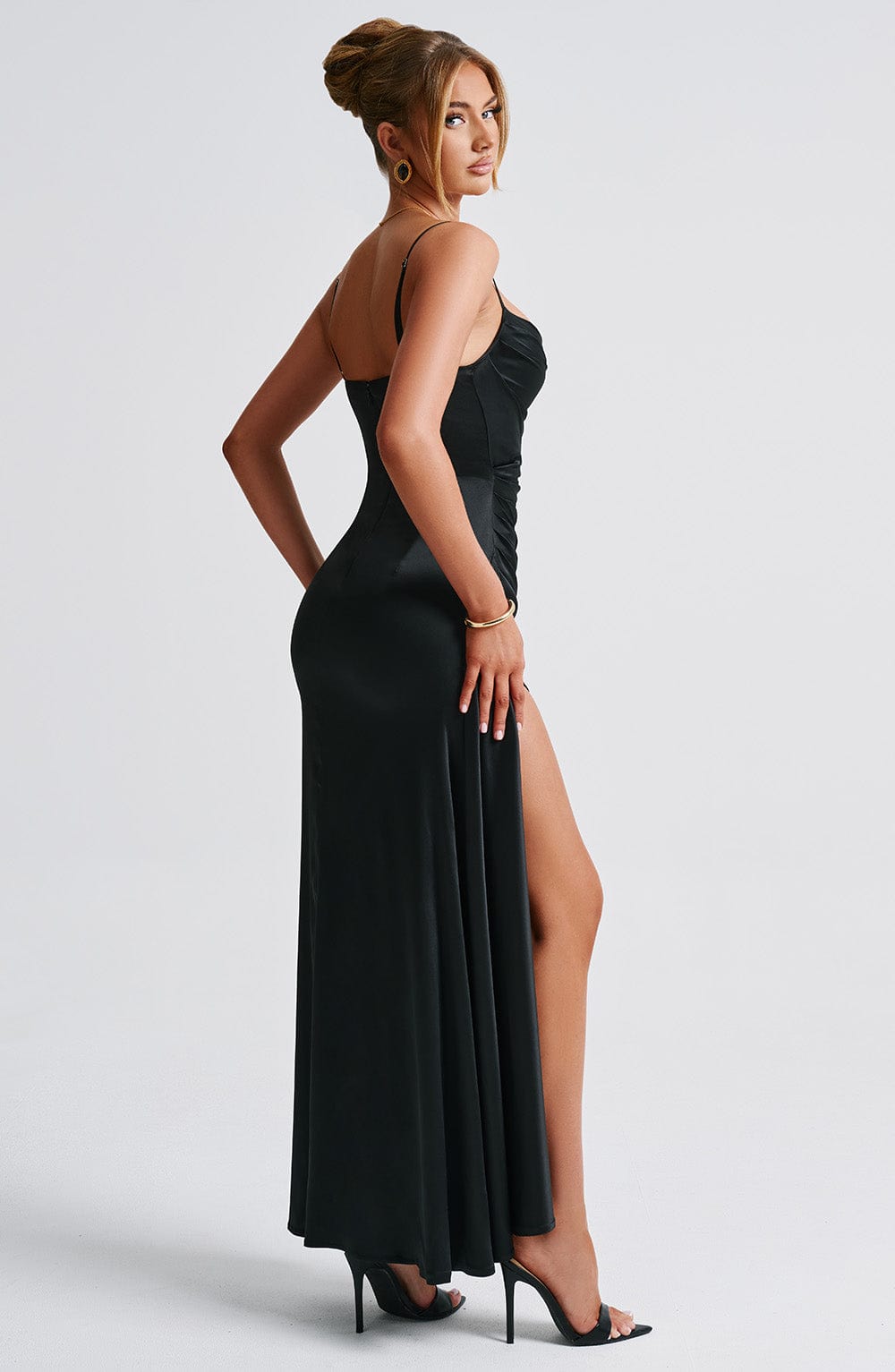 Winona Black Satin Cowl Neck Maxi Dress with Thigh Split