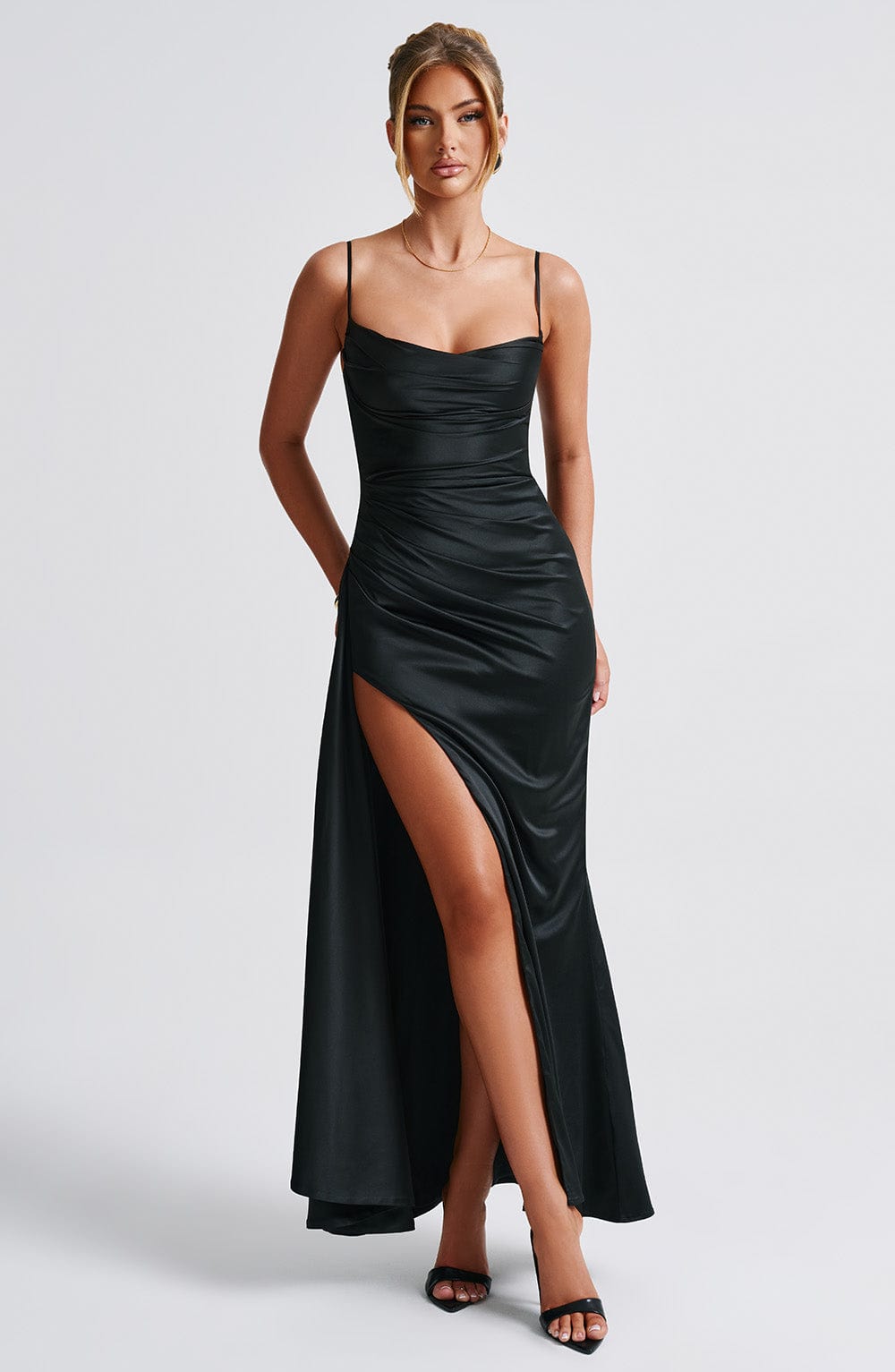Winona Black Satin Cowl Neck Maxi Dress with Thigh Split