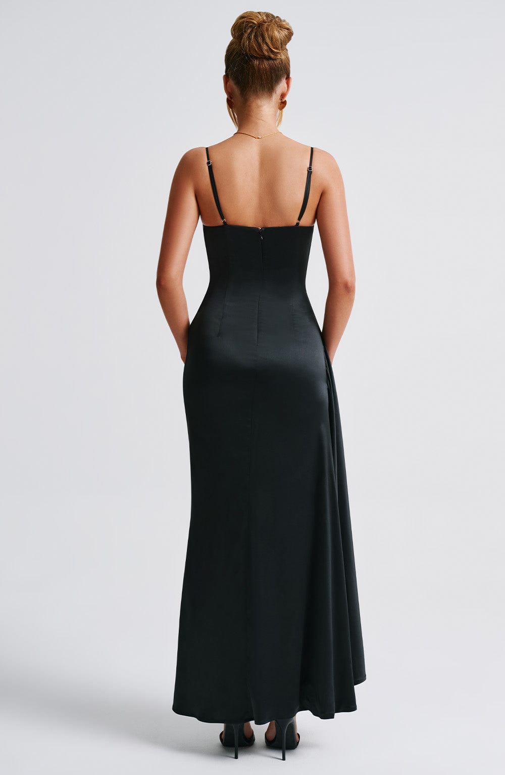 Winona Black Satin Cowl Neck Maxi Dress with Thigh Split