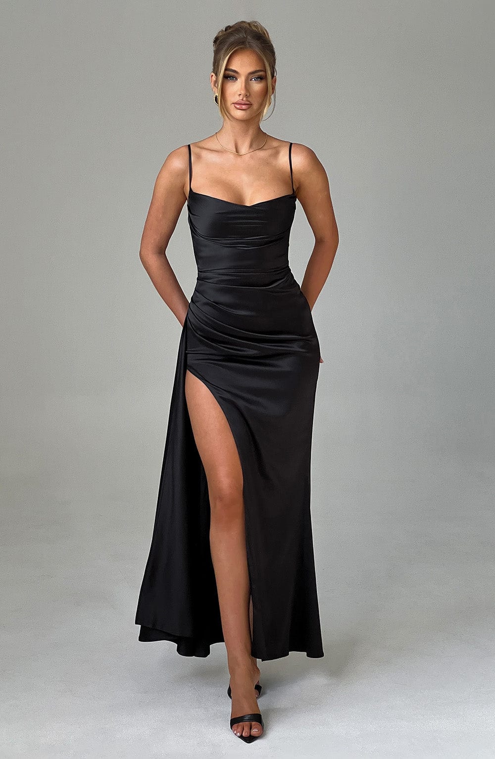 Winona Black Satin Cowl Neck Maxi Dress with Thigh Split