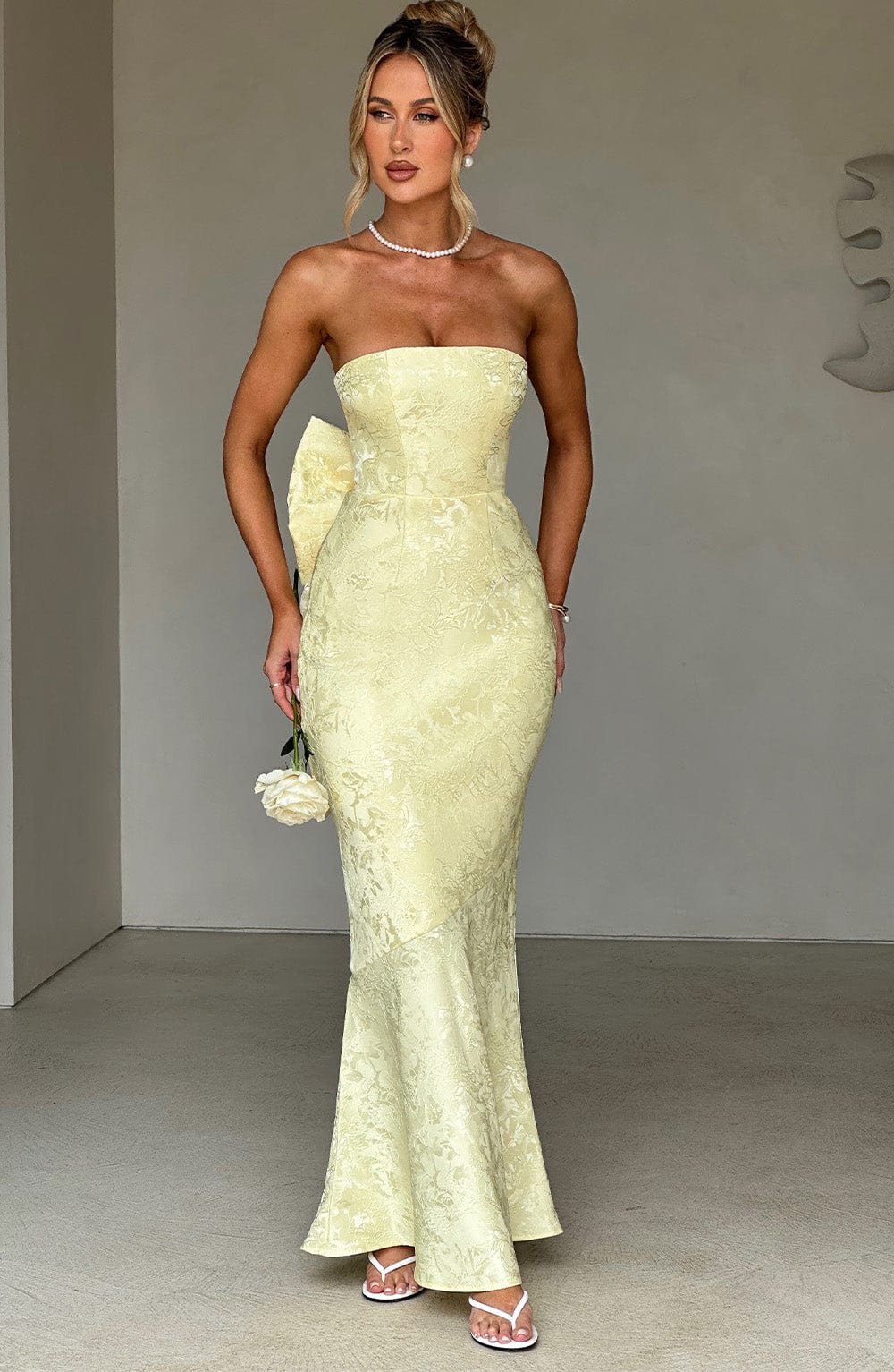 Lemon Strapless Maxi Dress with Lace-Up & Oversized Bow - Felicity