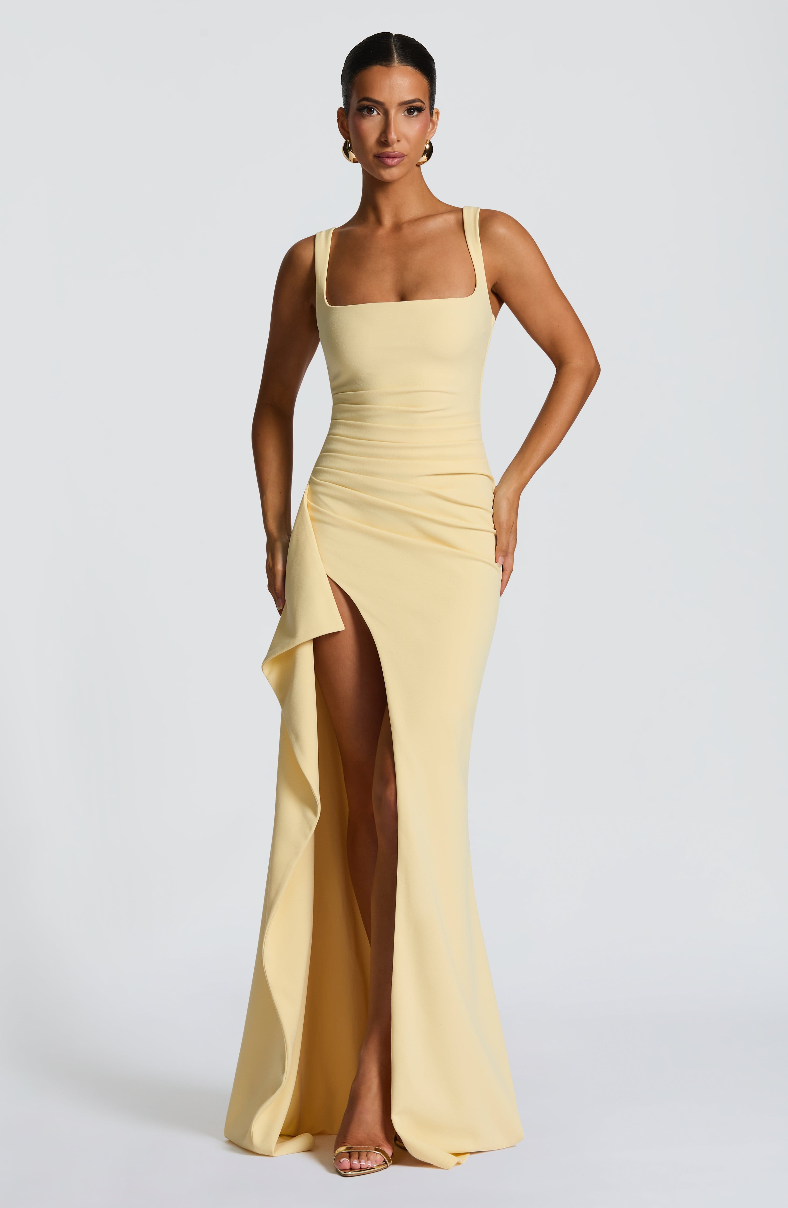Lemon Katana Maxi Dress with Thigh Split & Adjustable Straps
