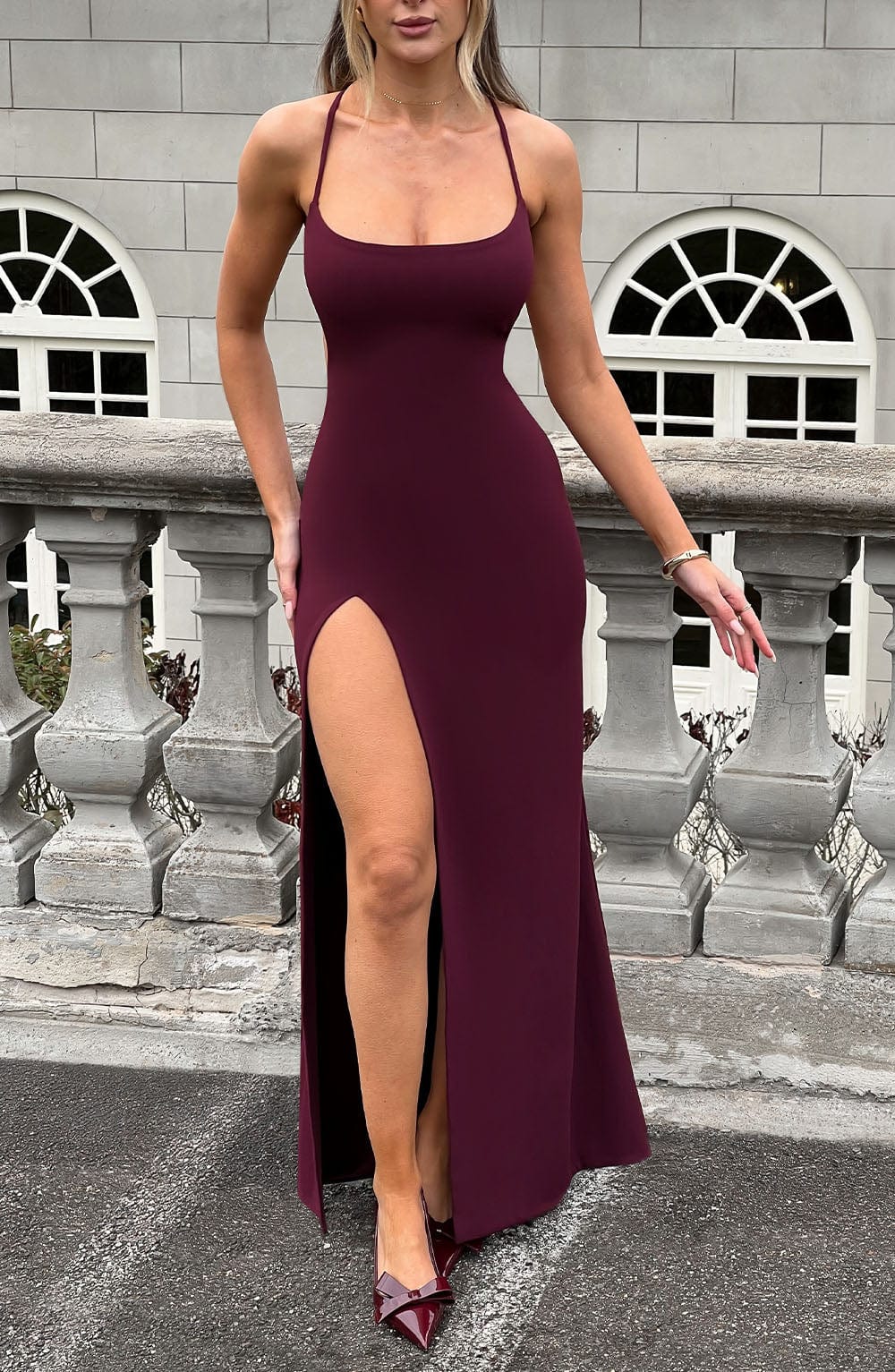 Beatrix Scoop Neck Maxi Dress with Thigh Split - Cherry Lacquer