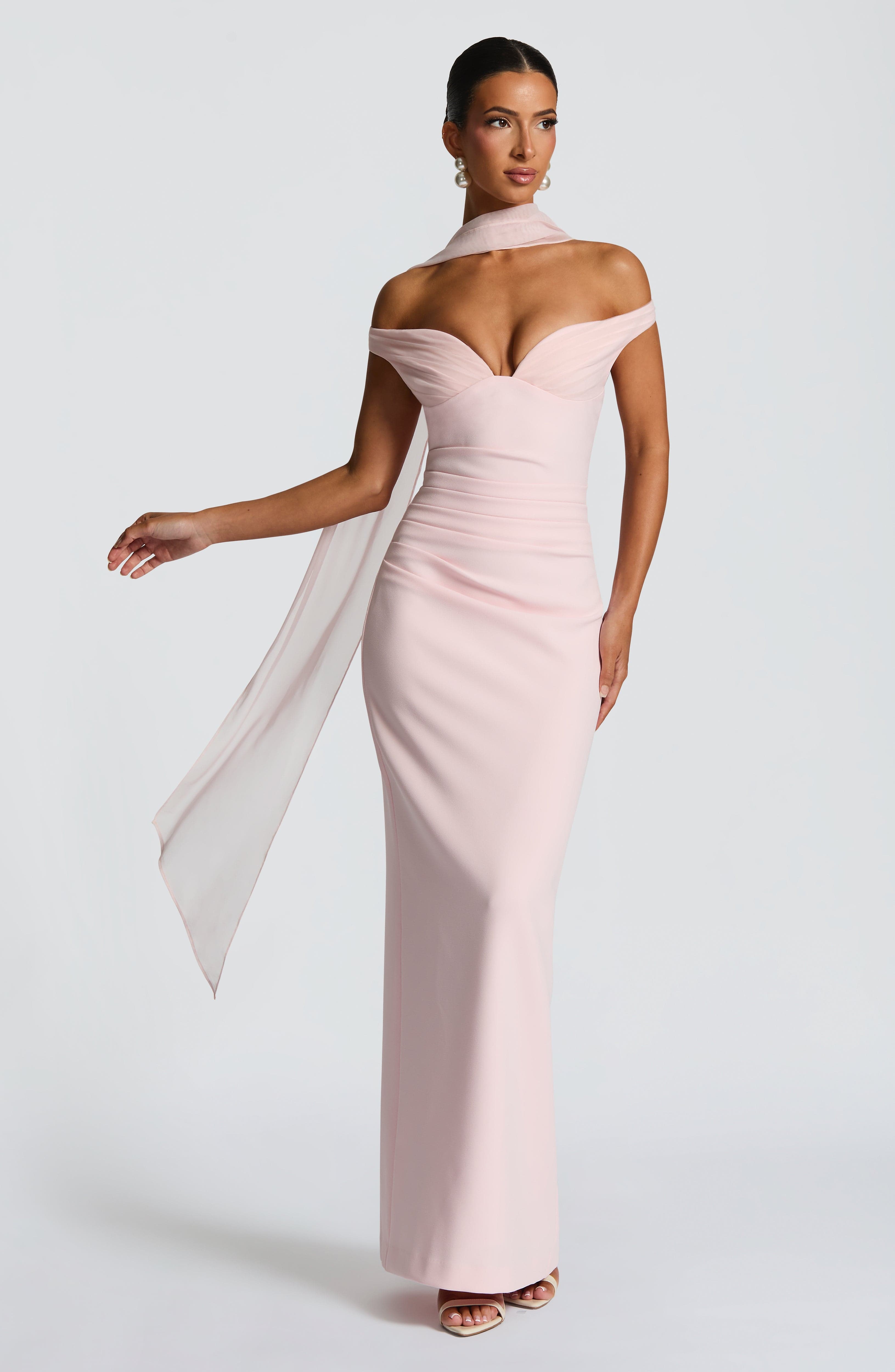 Abigail Blush Maxi Dress with Bardot Neckline & Tulle Detail