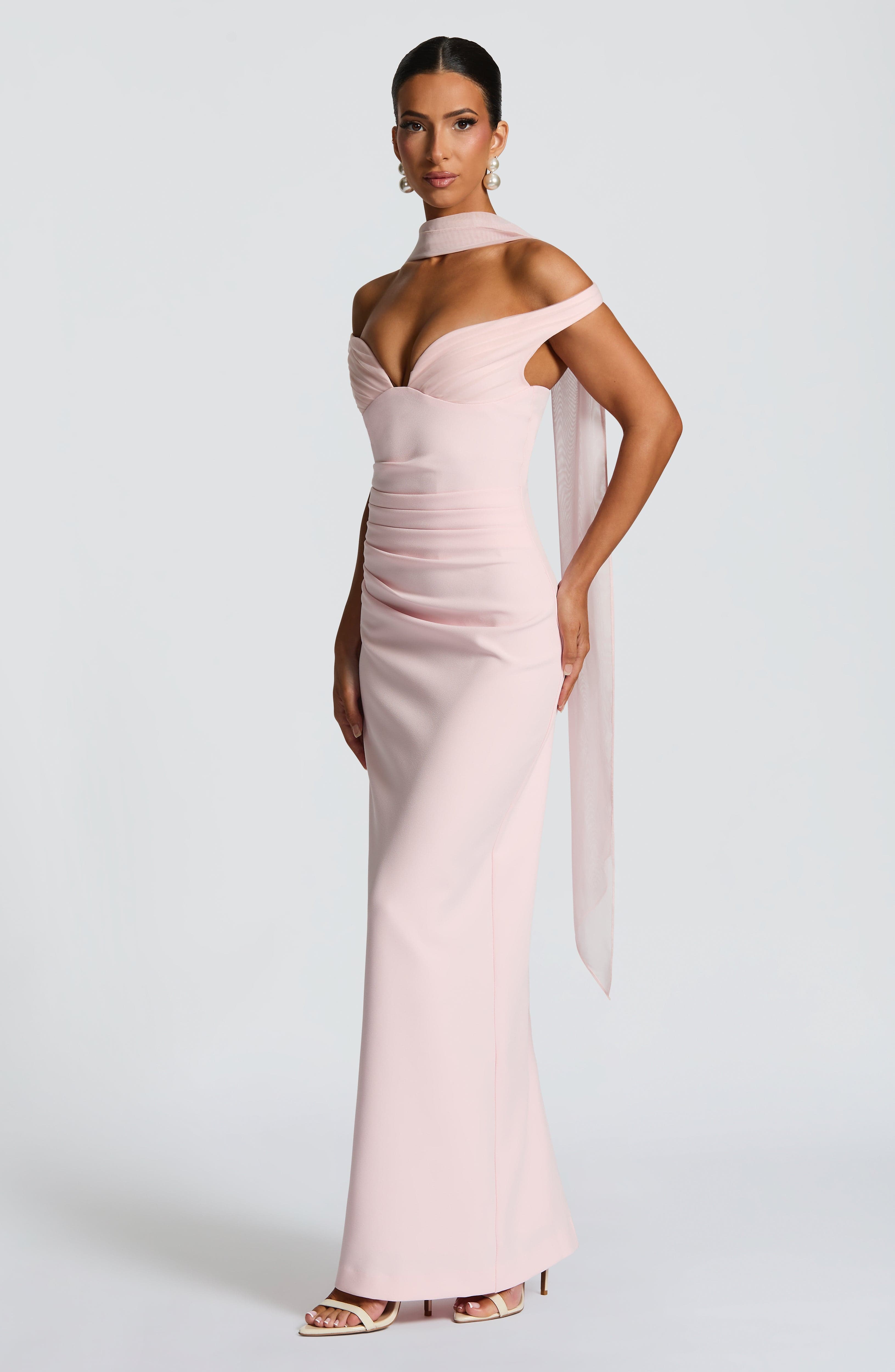 Abigail Blush Maxi Dress with Bardot Neckline & Tulle Detail