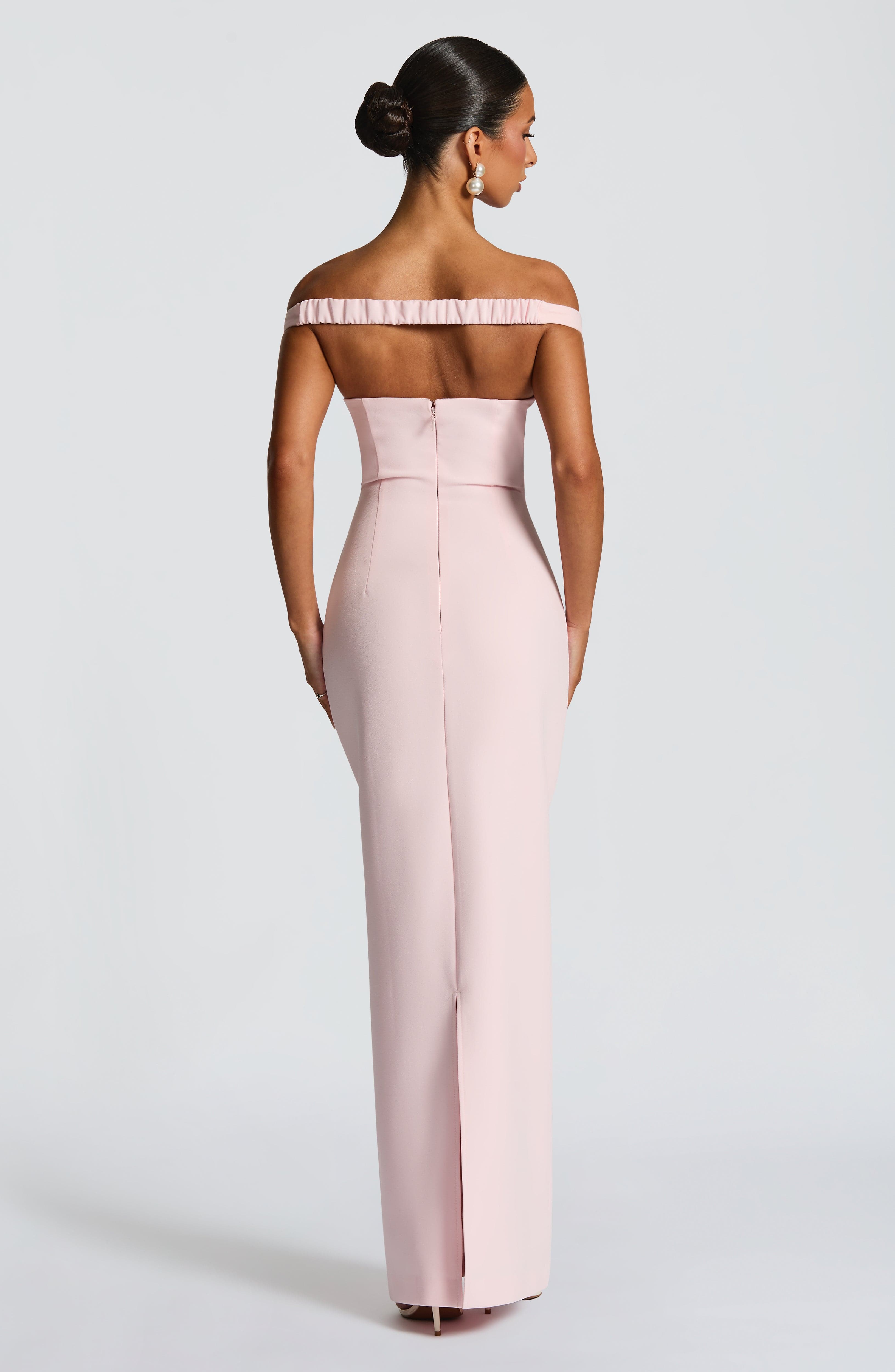 Abigail Blush Maxi Dress with Bardot Neckline & Tulle Detail