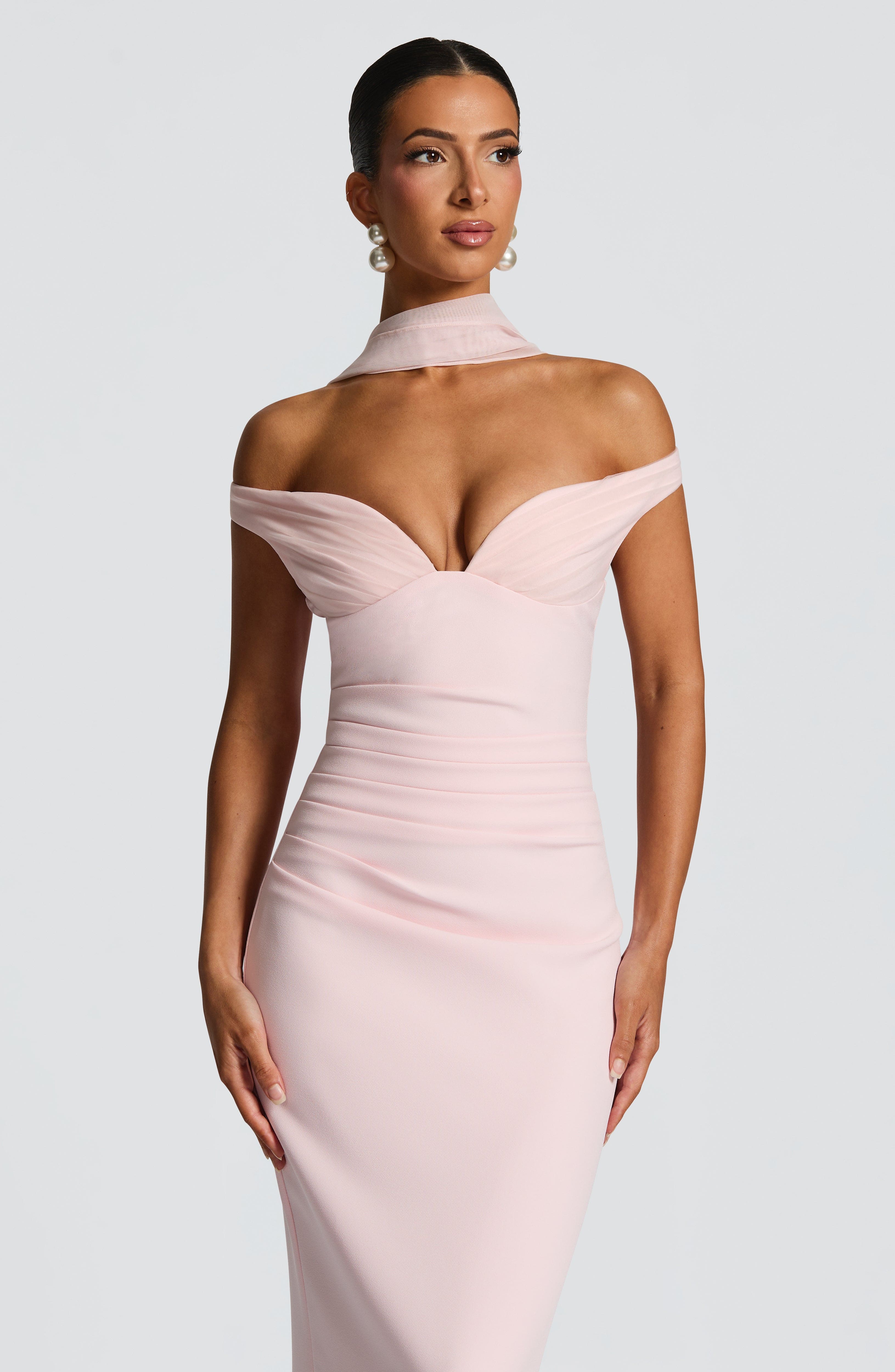 Abigail Blush Maxi Dress with Bardot Neckline & Tulle Detail