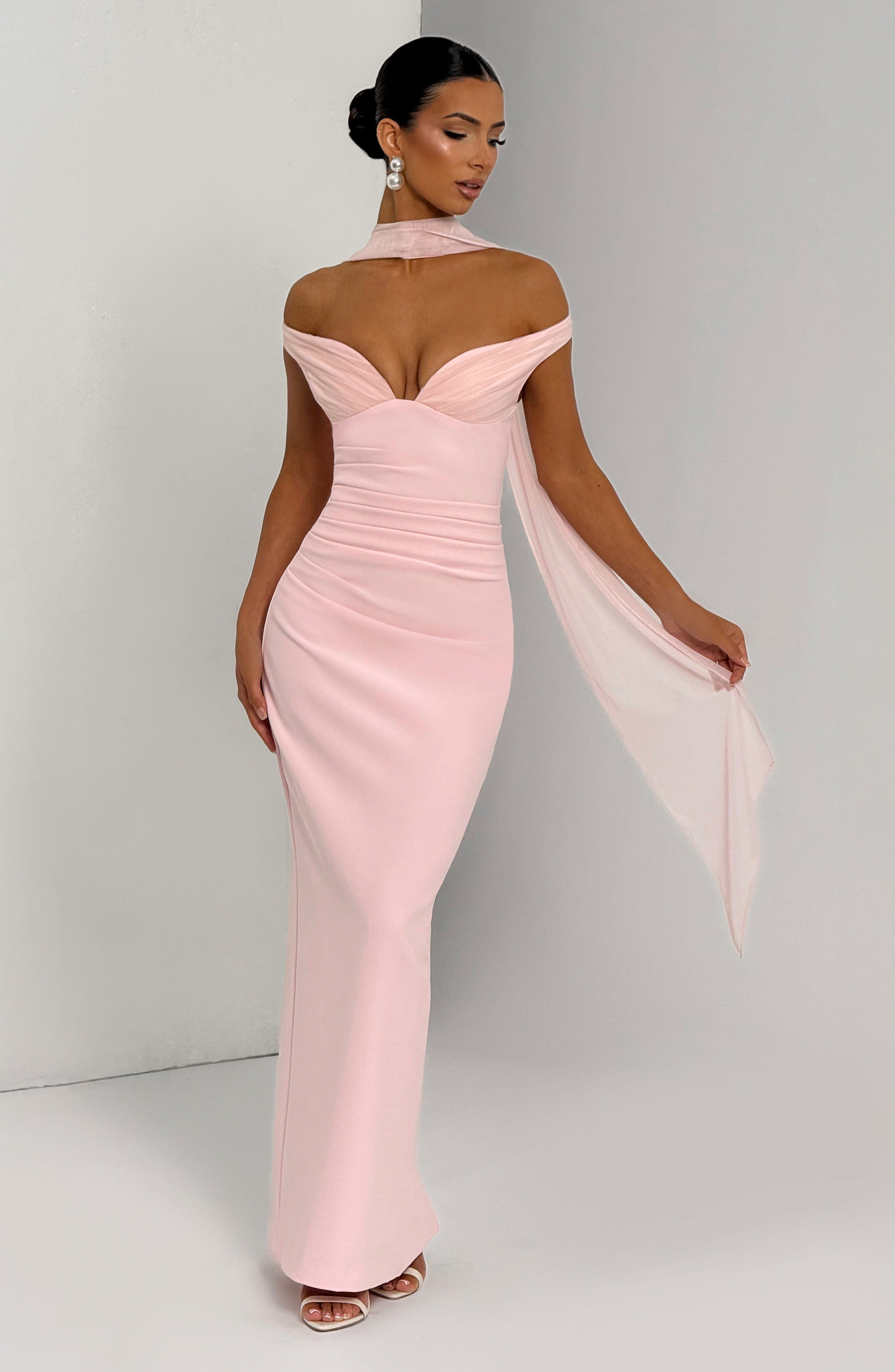 Abigail Blush Maxi Dress with Bardot Neckline & Tulle Detail