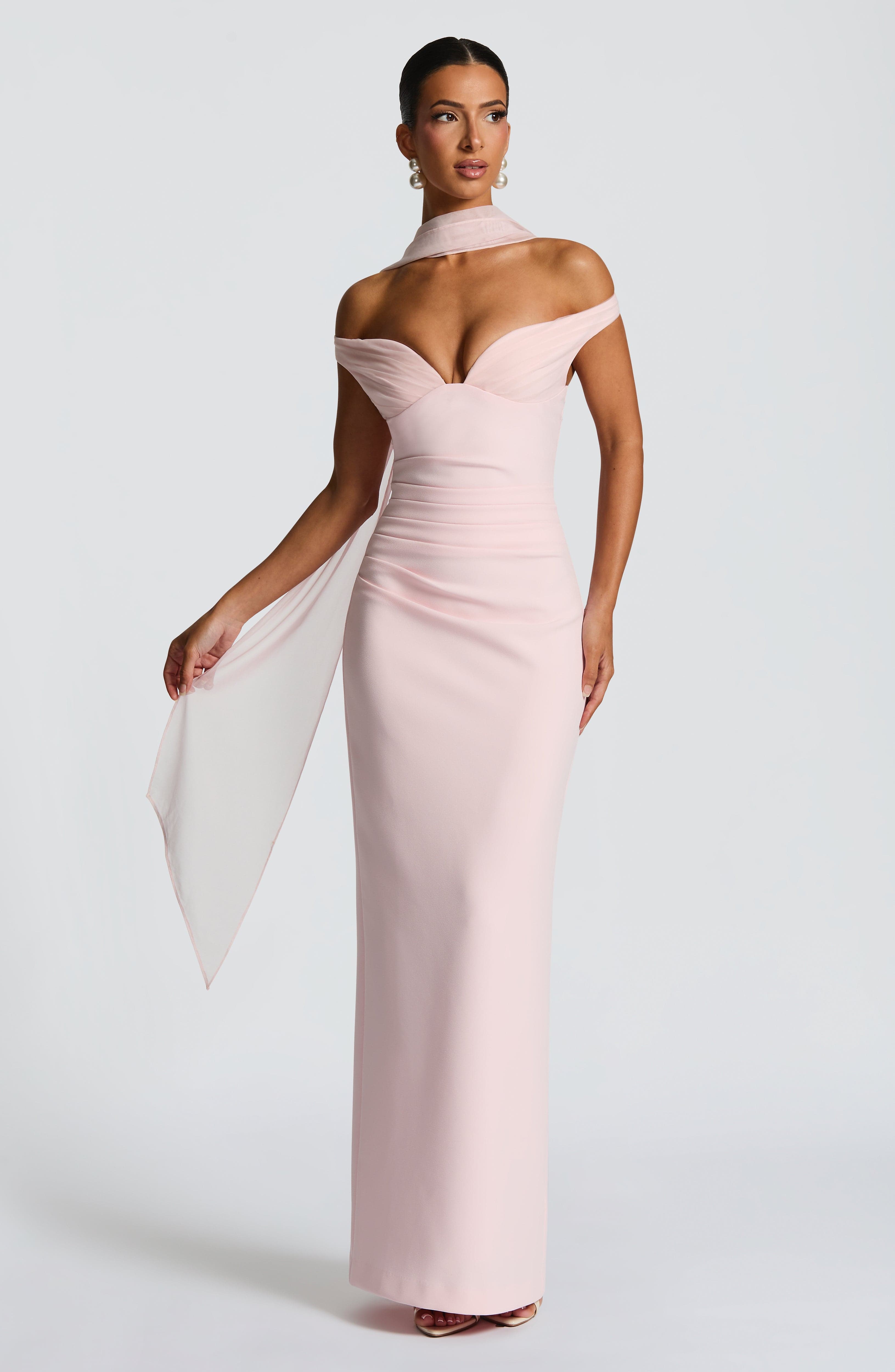 Abigail Blush Maxi Dress with Bardot Neckline & Tulle Detail