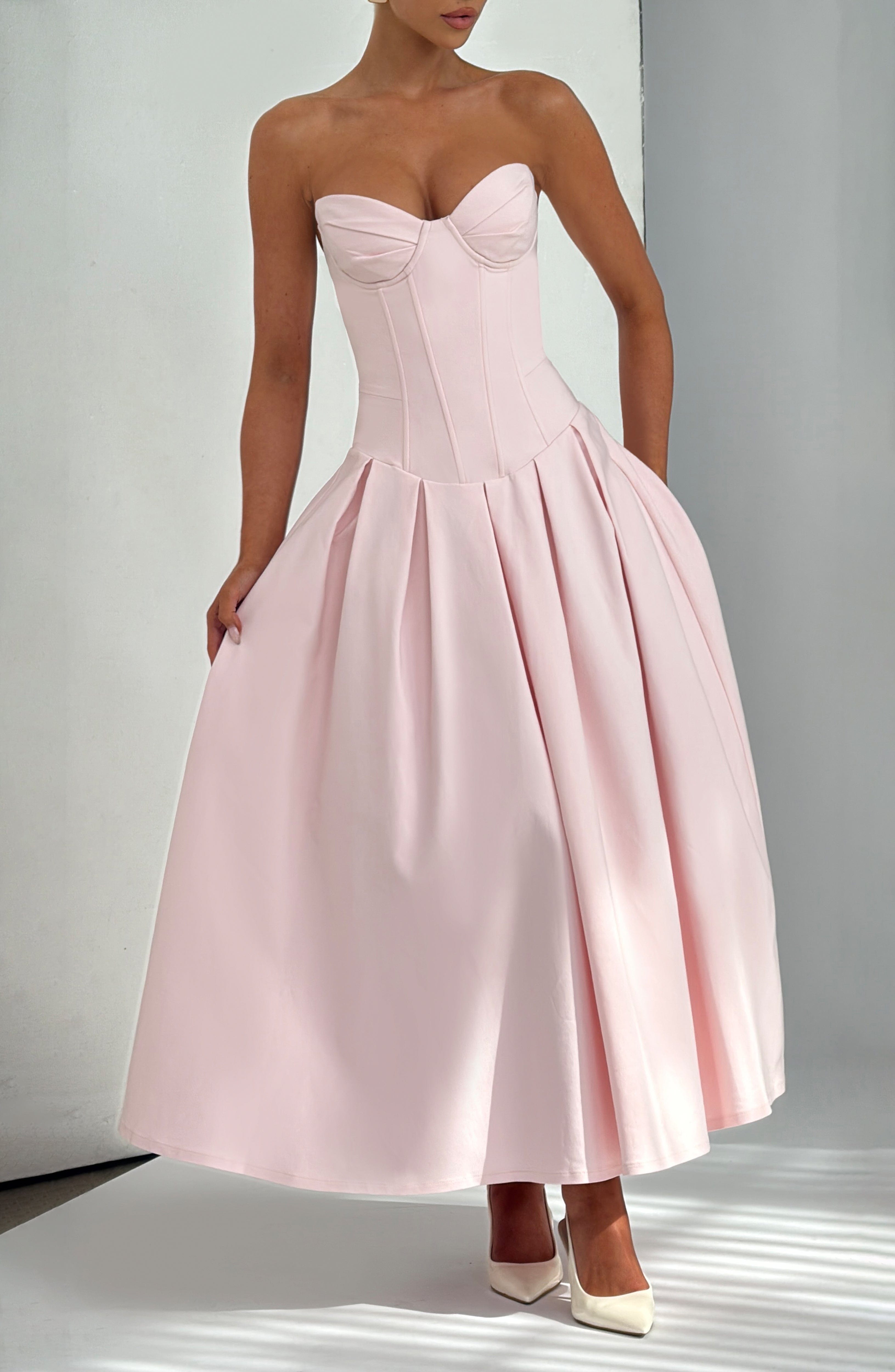 Blush Salma Strapless Midi Dress with Lace-Up Back