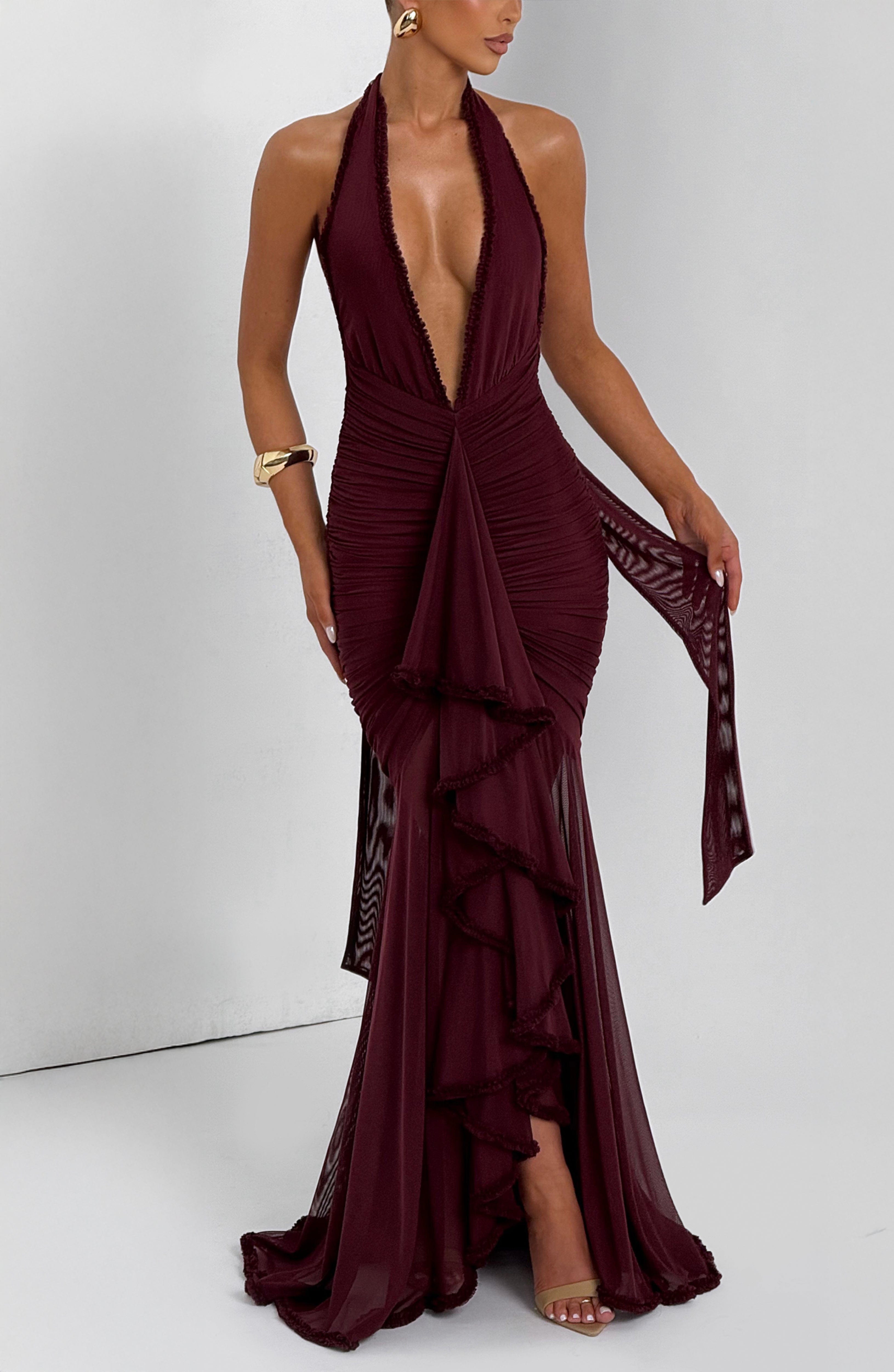 Janessa Elegant Halter Maxi Dress in Cherry Lacquer
