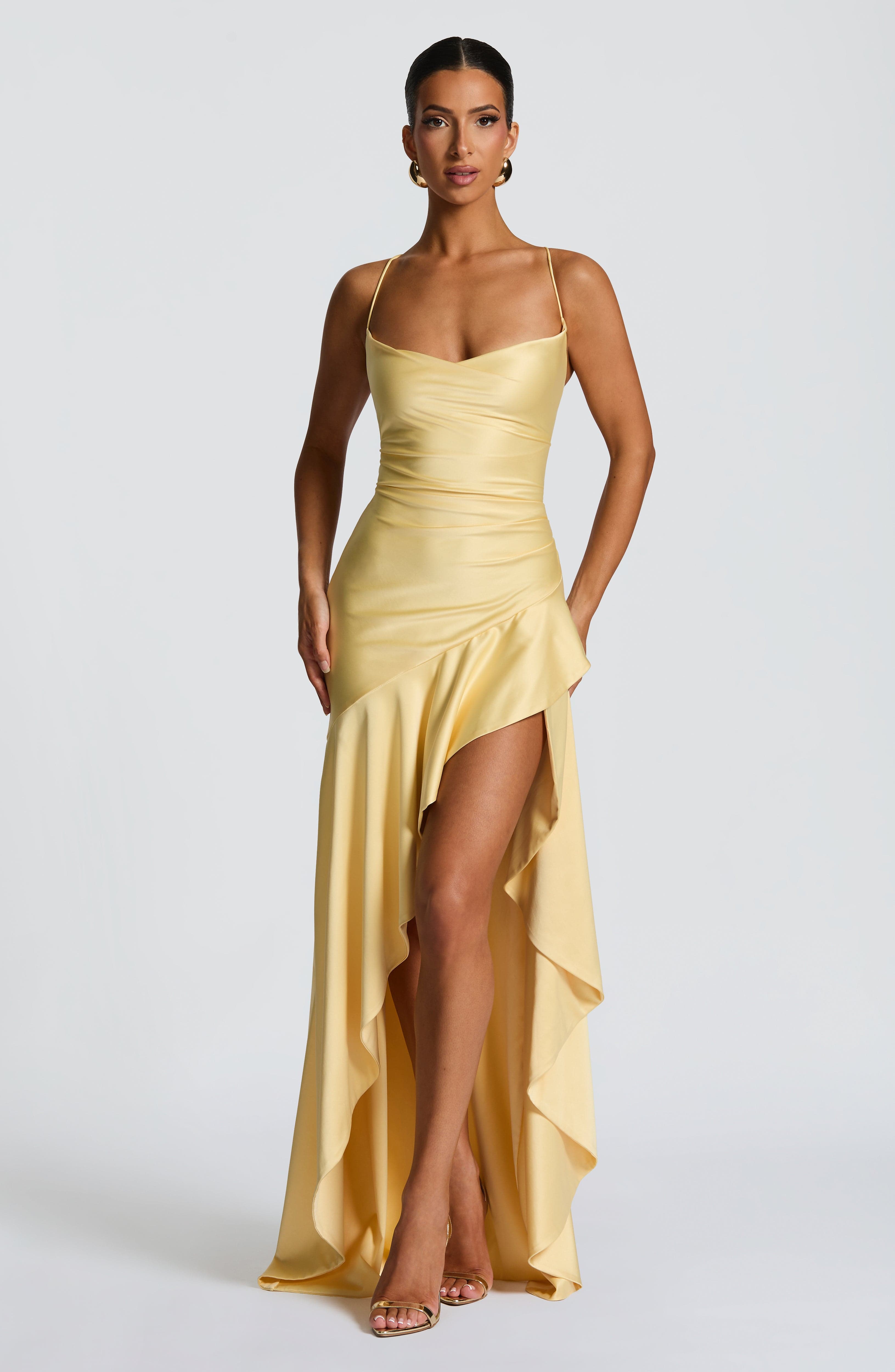 Samira Lemon Maxi Dress with Lace-Up Back & Thigh Split