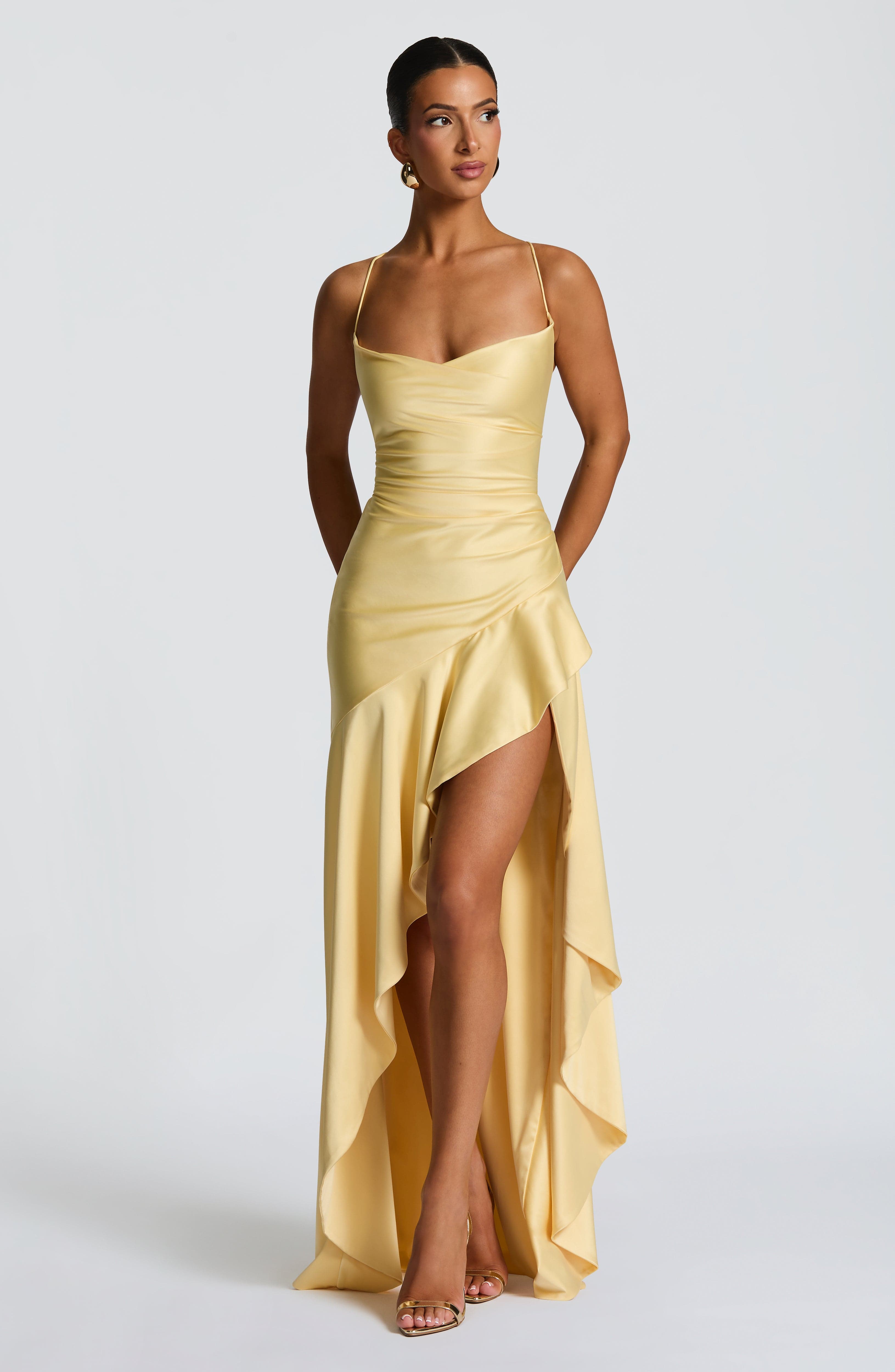 Samira Lemon Maxi Dress with Lace-Up Back & Thigh Split