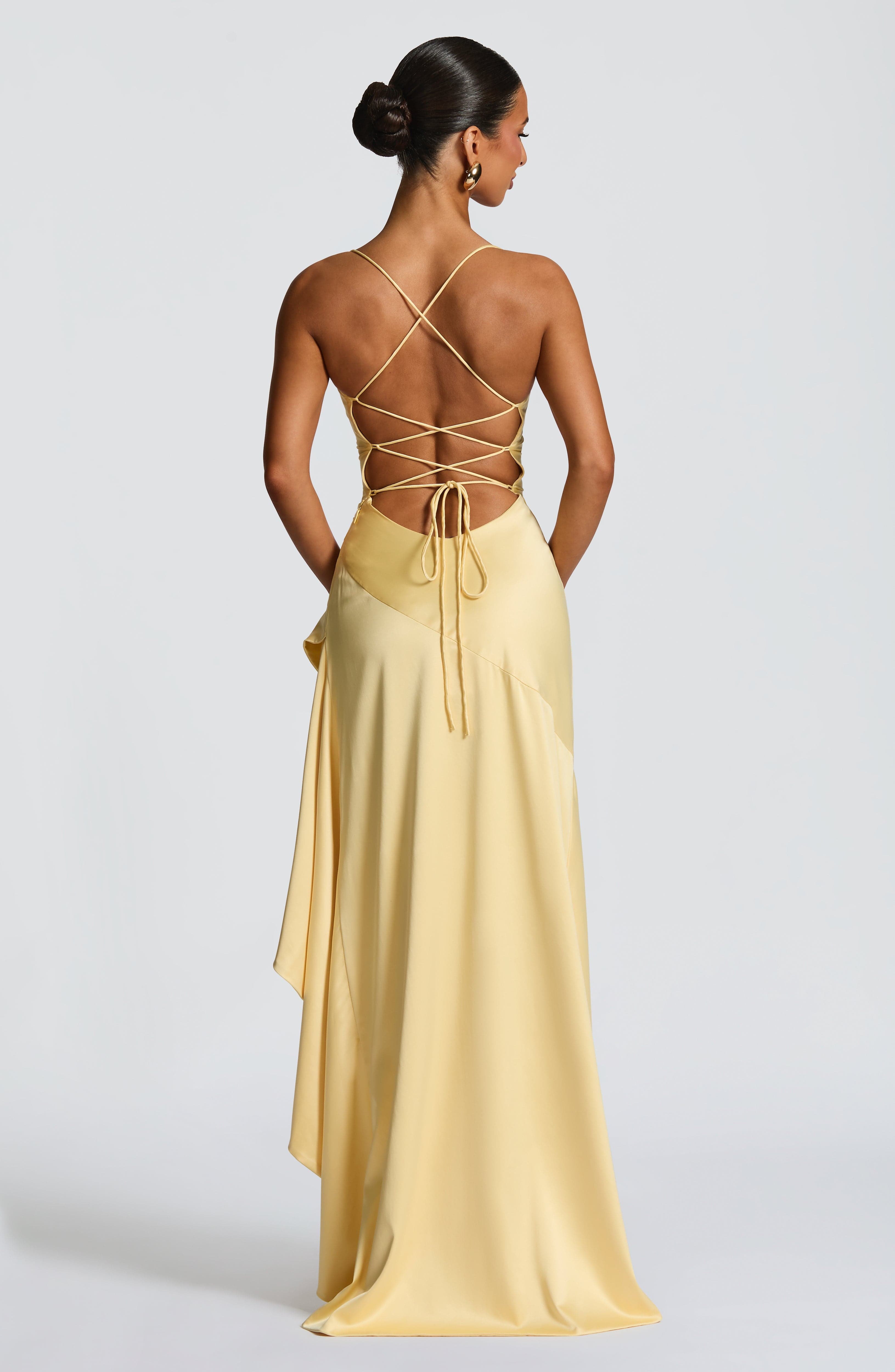 Samira Lemon Maxi Dress with Lace-Up Back & Thigh Split