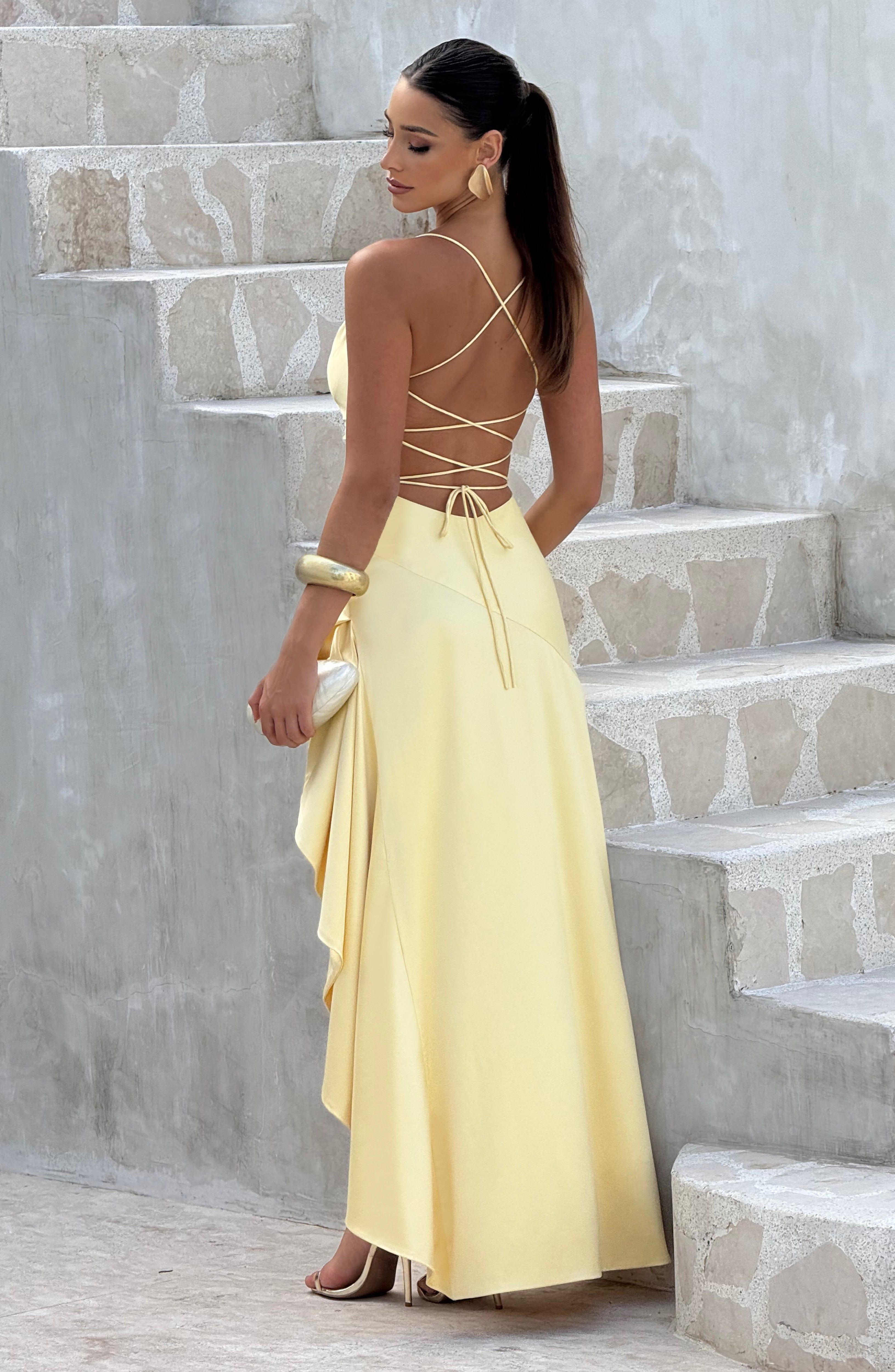 Samira Lemon Maxi Dress with Lace-Up Back & Thigh Split