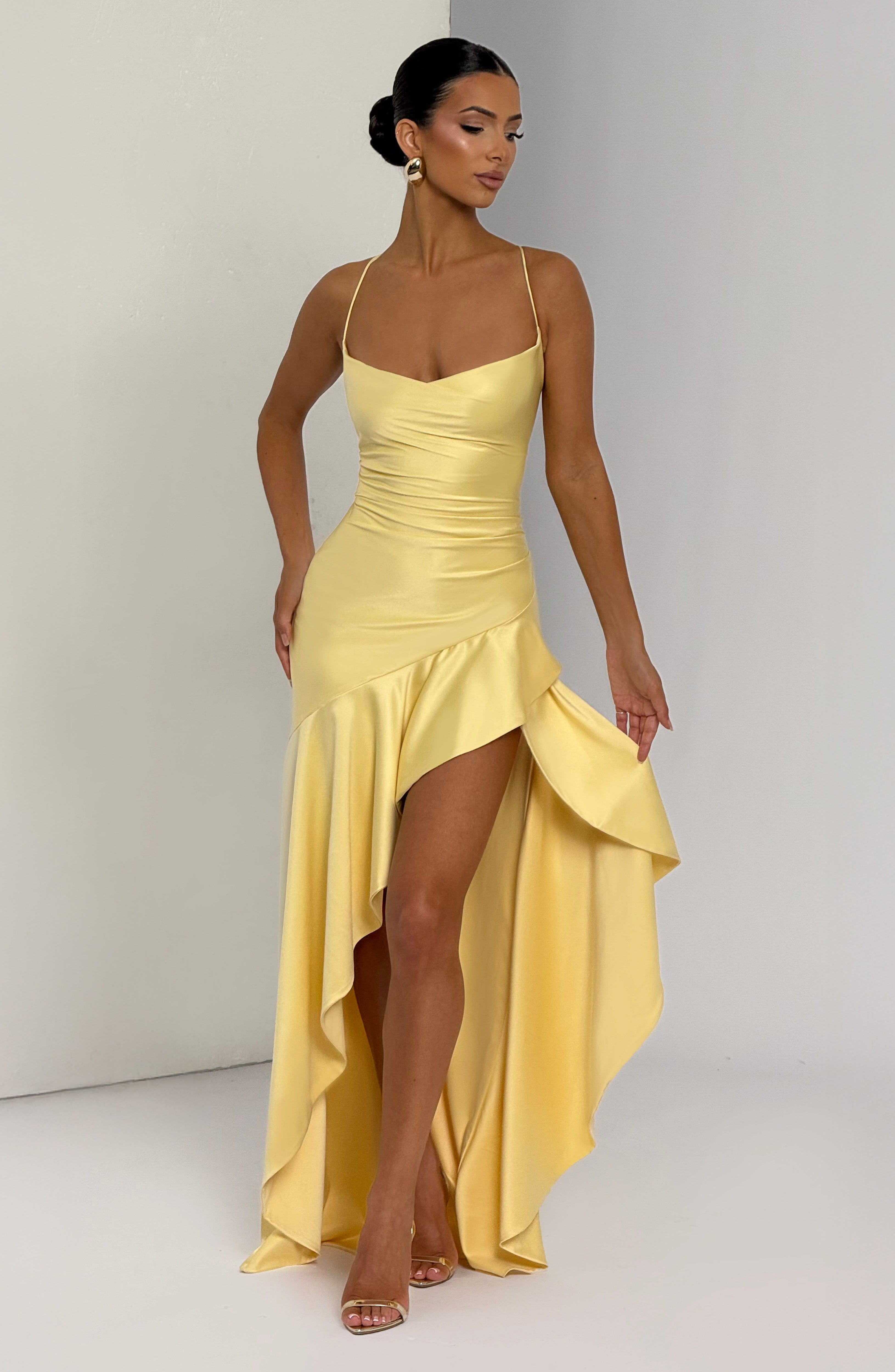 Samira Lemon Maxi Dress with Lace-Up Back & Thigh Split