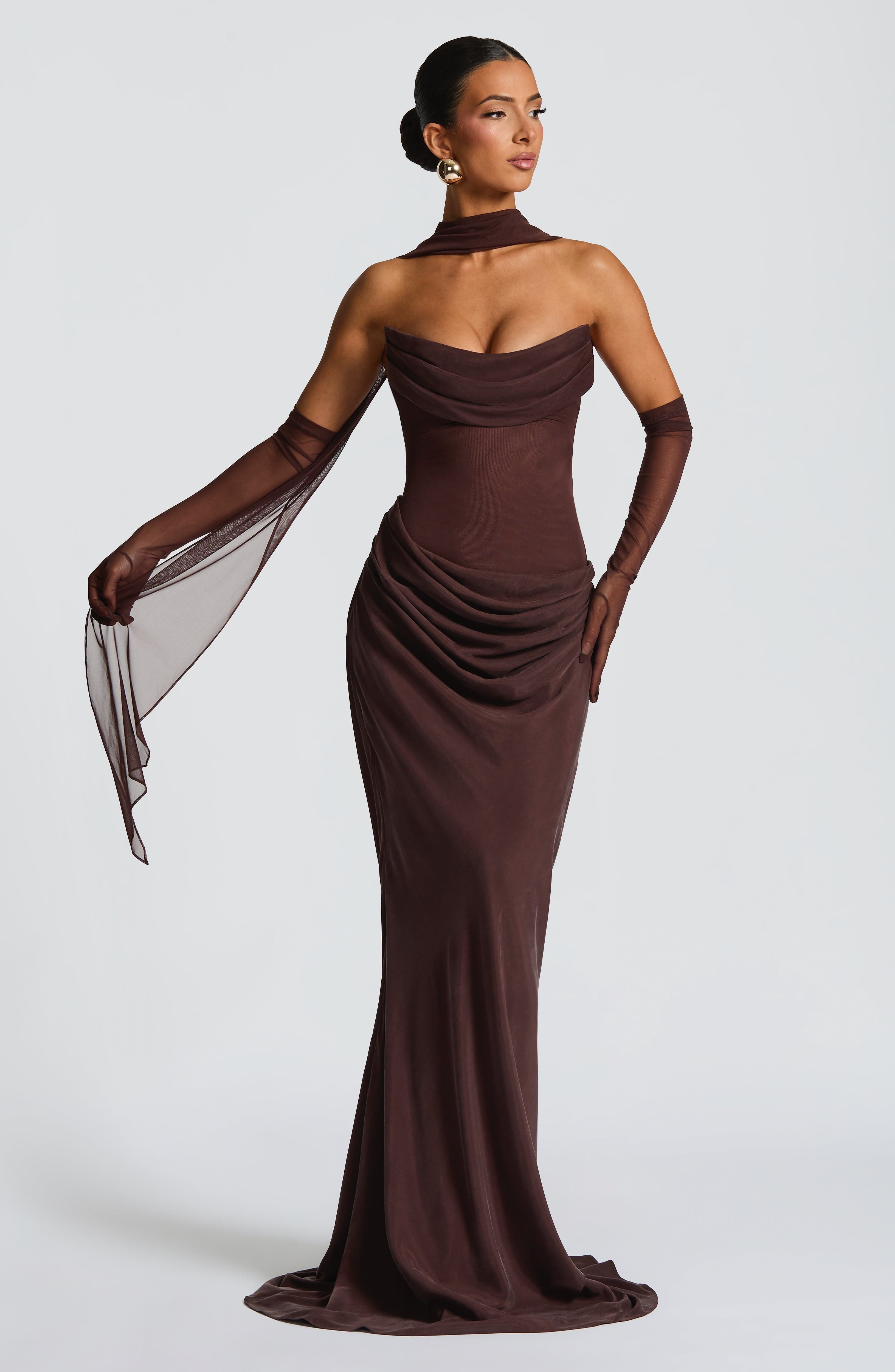 Liora Strapless Maxi Dress in Plum Brown with Lace-Up Back