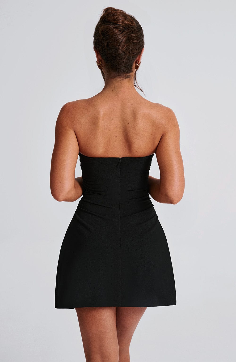 Black Strapless Mini Dress - Fleur A-Line Crepe with Ruching
