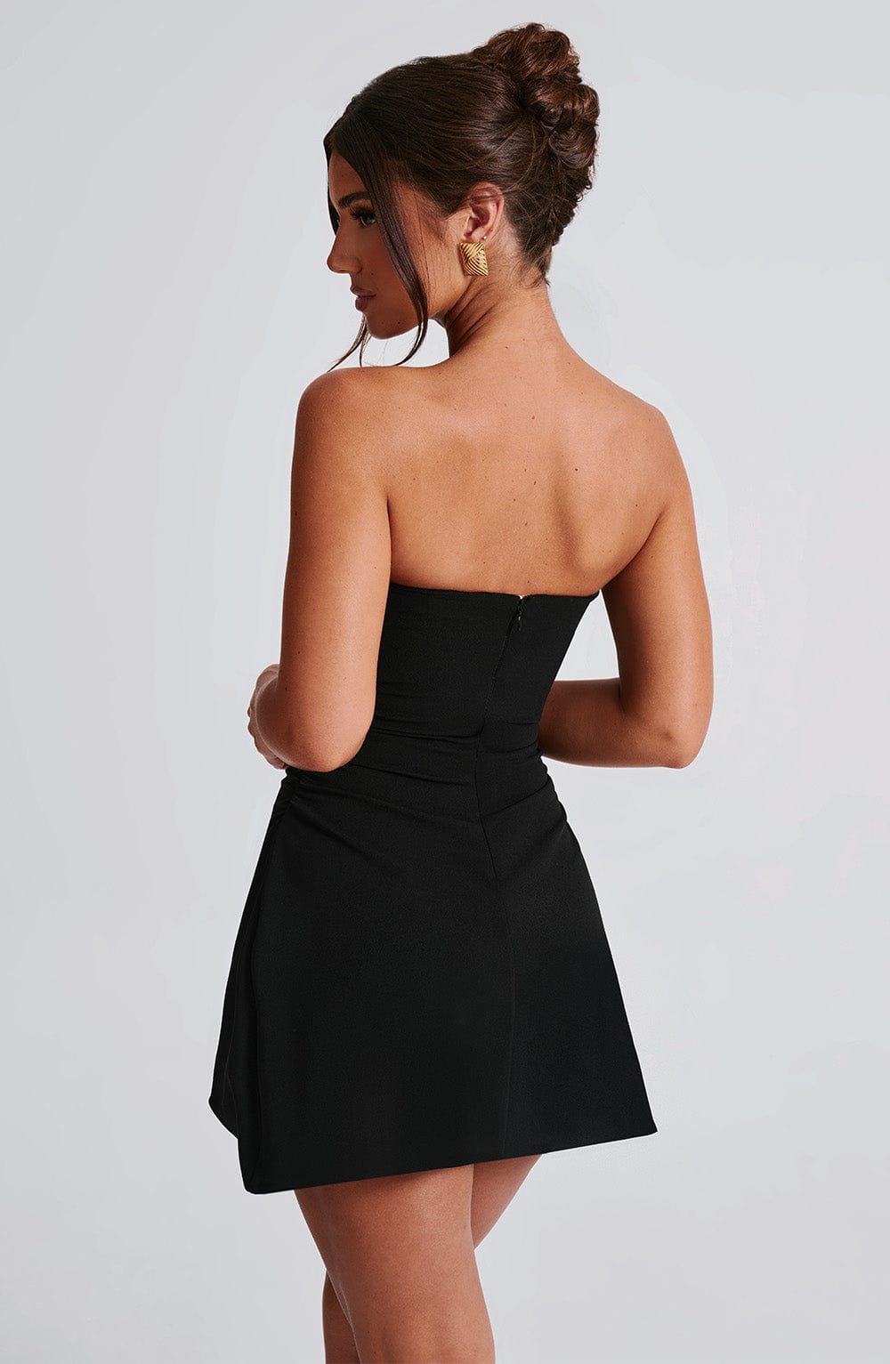 Black Strapless Mini Dress - Fleur A-Line Crepe with Ruching