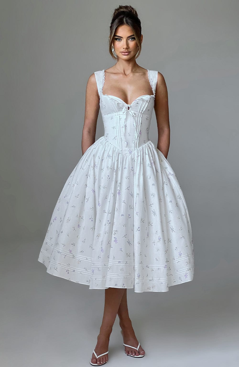 Floral Print Midi Dress with Lace Trim & Lace-Up Back