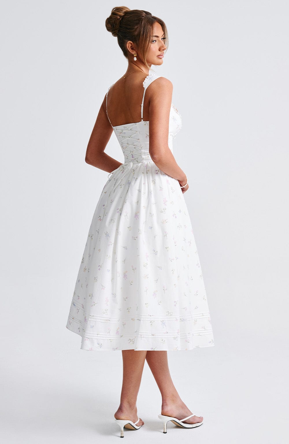 Floral Print Midi Dress with Lace Trim & Lace-Up Back
