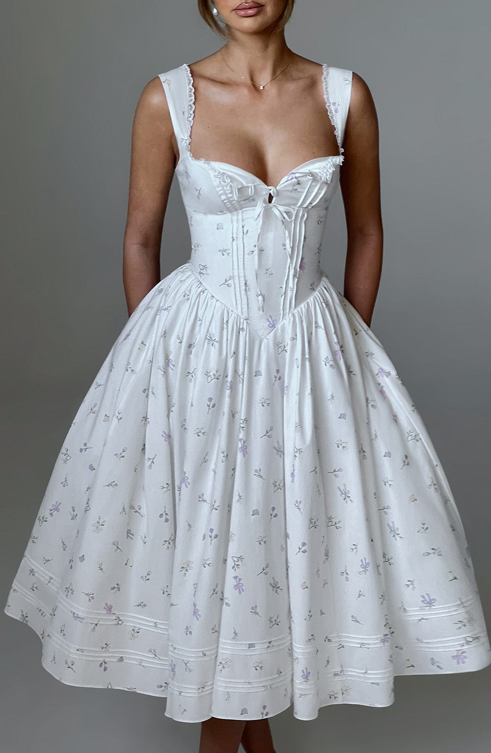 Floral Print Midi Dress with Lace Trim & Lace-Up Back