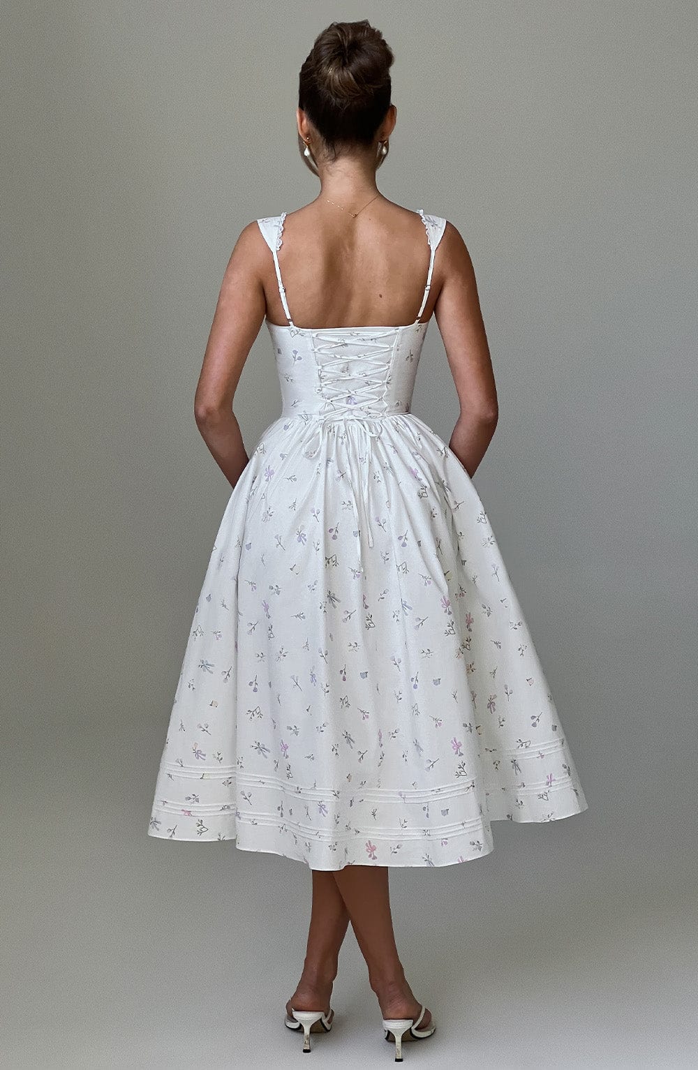 Floral Print Midi Dress with Lace Trim & Lace-Up Back