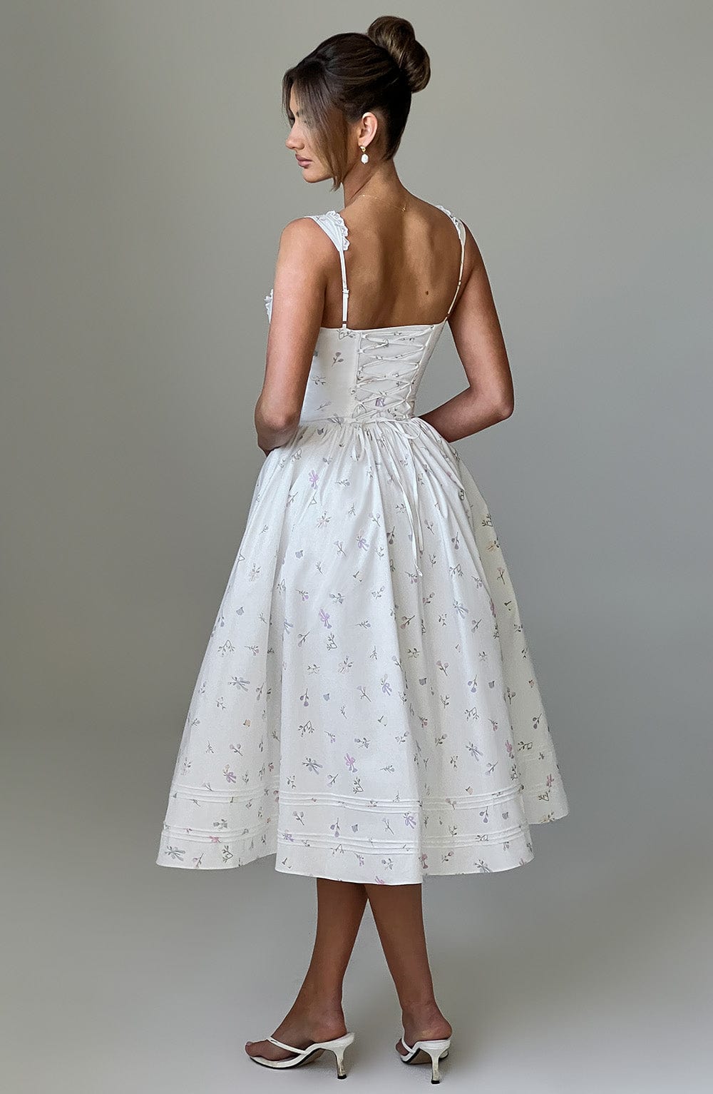 Floral Print Midi Dress with Lace Trim & Lace-Up Back