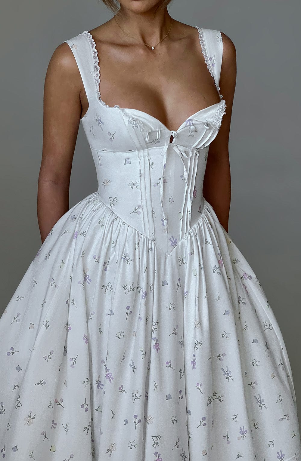 Floral Print Midi Dress with Lace Trim & Lace-Up Back