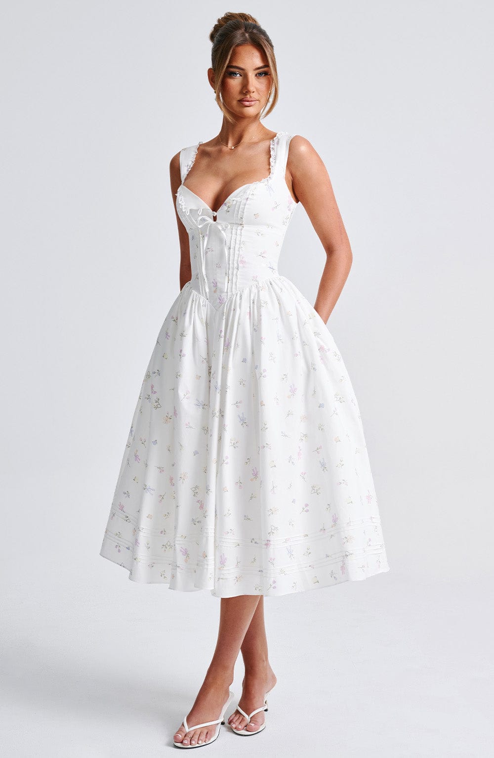 Floral Print Midi Dress with Lace Trim & Lace-Up Back