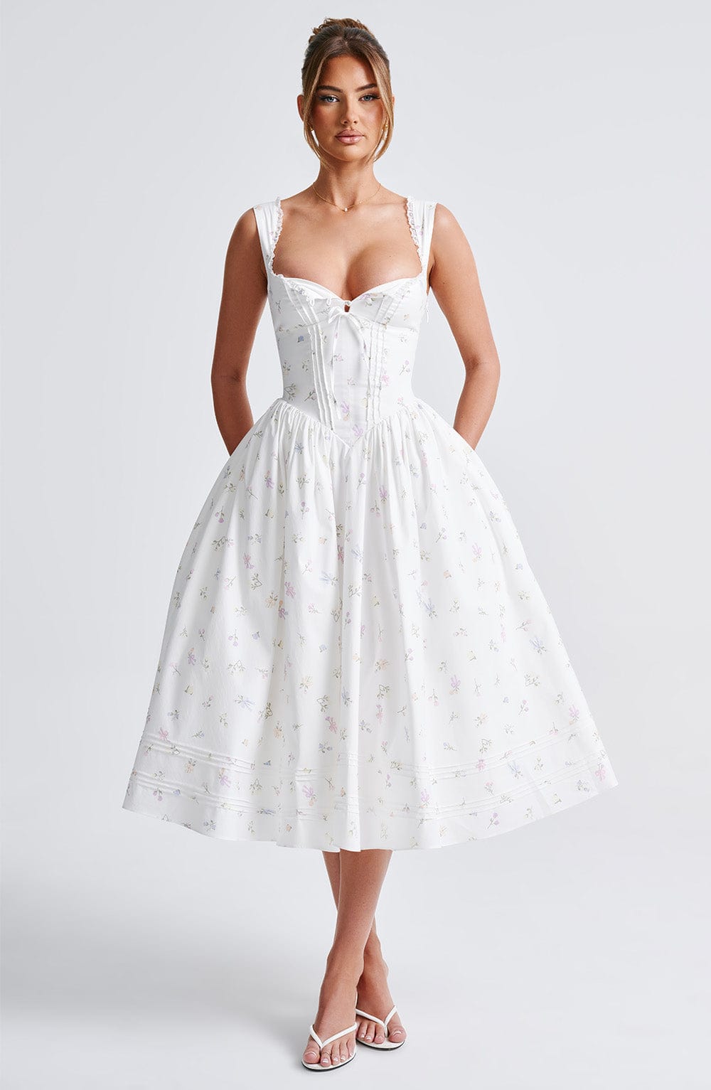 Floral Print Midi Dress with Lace Trim & Lace-Up Back