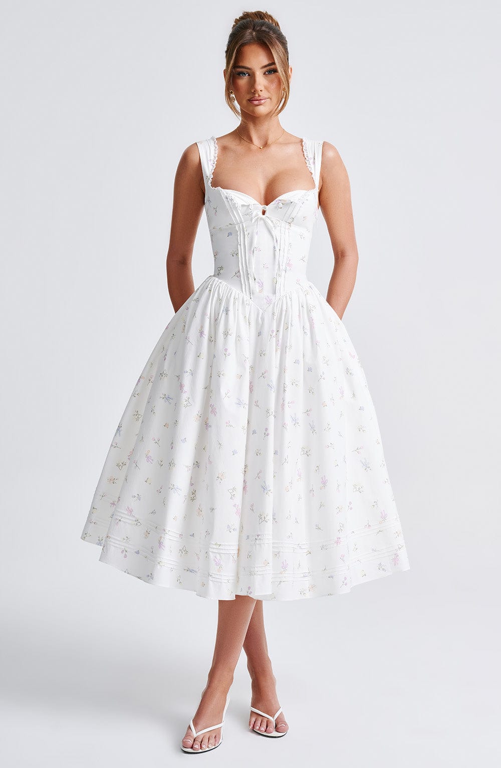 Floral Print Midi Dress with Lace Trim & Lace-Up Back