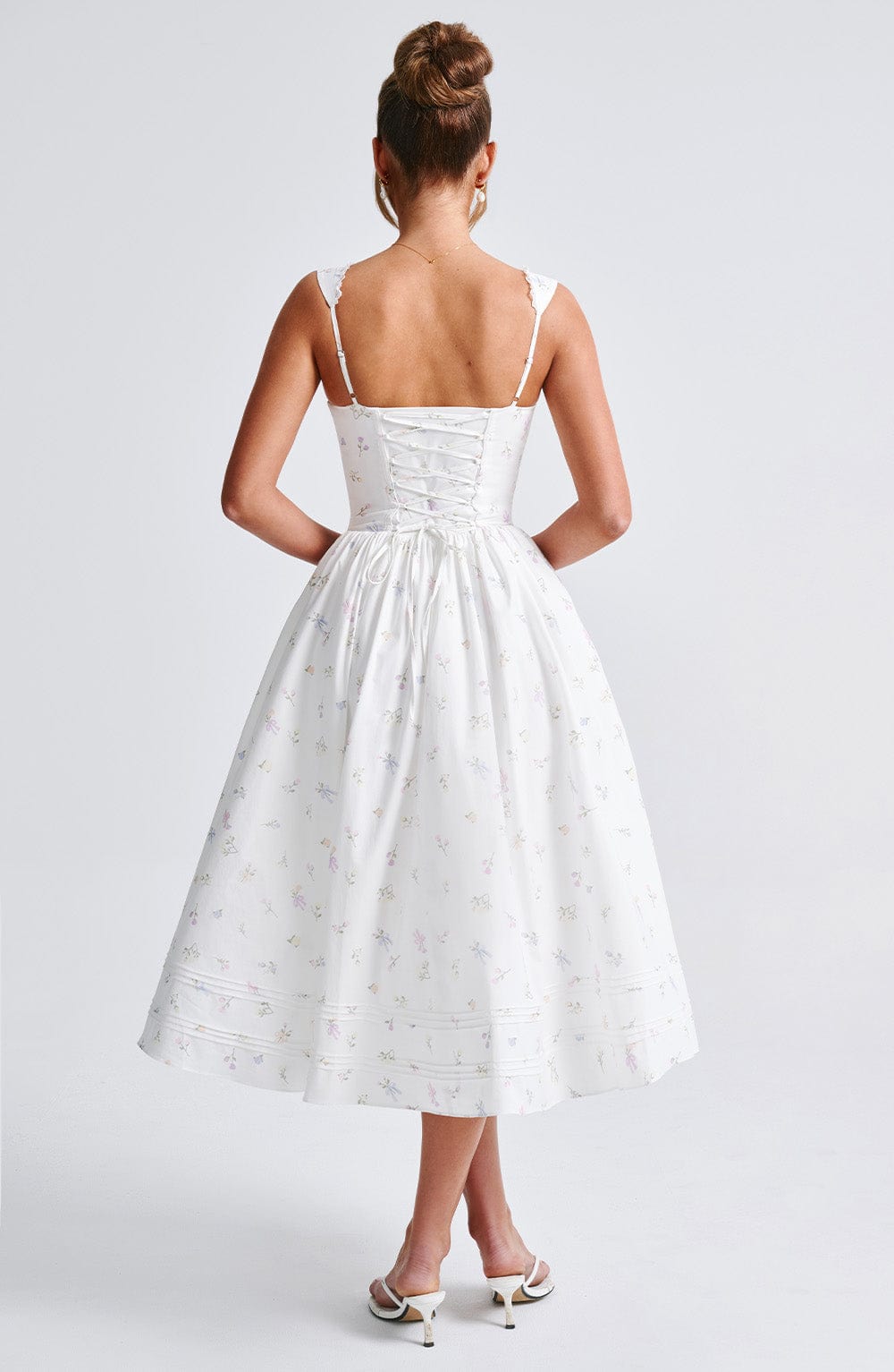 Floral Print Midi Dress with Lace Trim & Lace-Up Back
