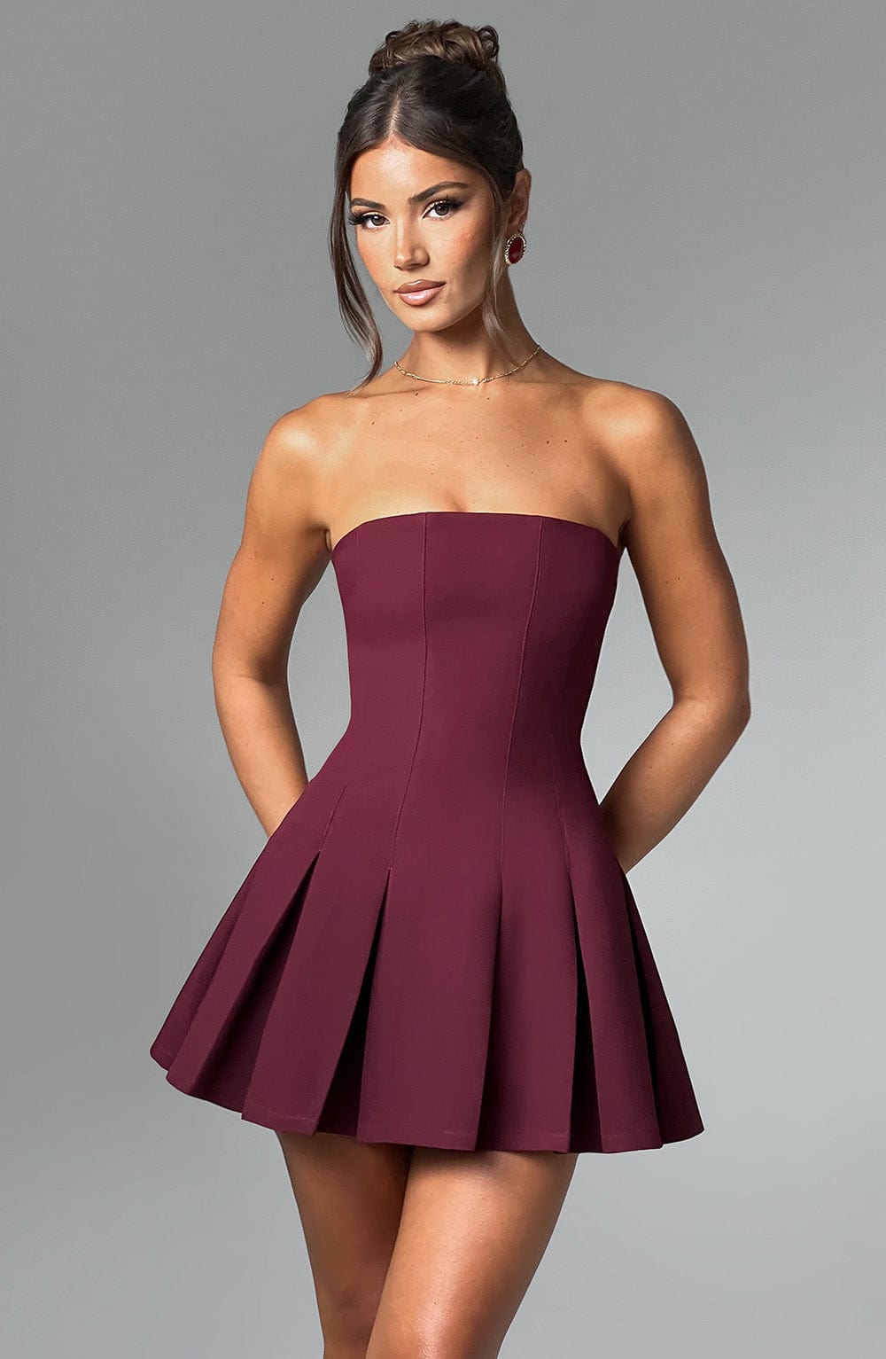 Bryony Strapless Mini Dress in Cherry Lacquer - Flared Pleat Skirt