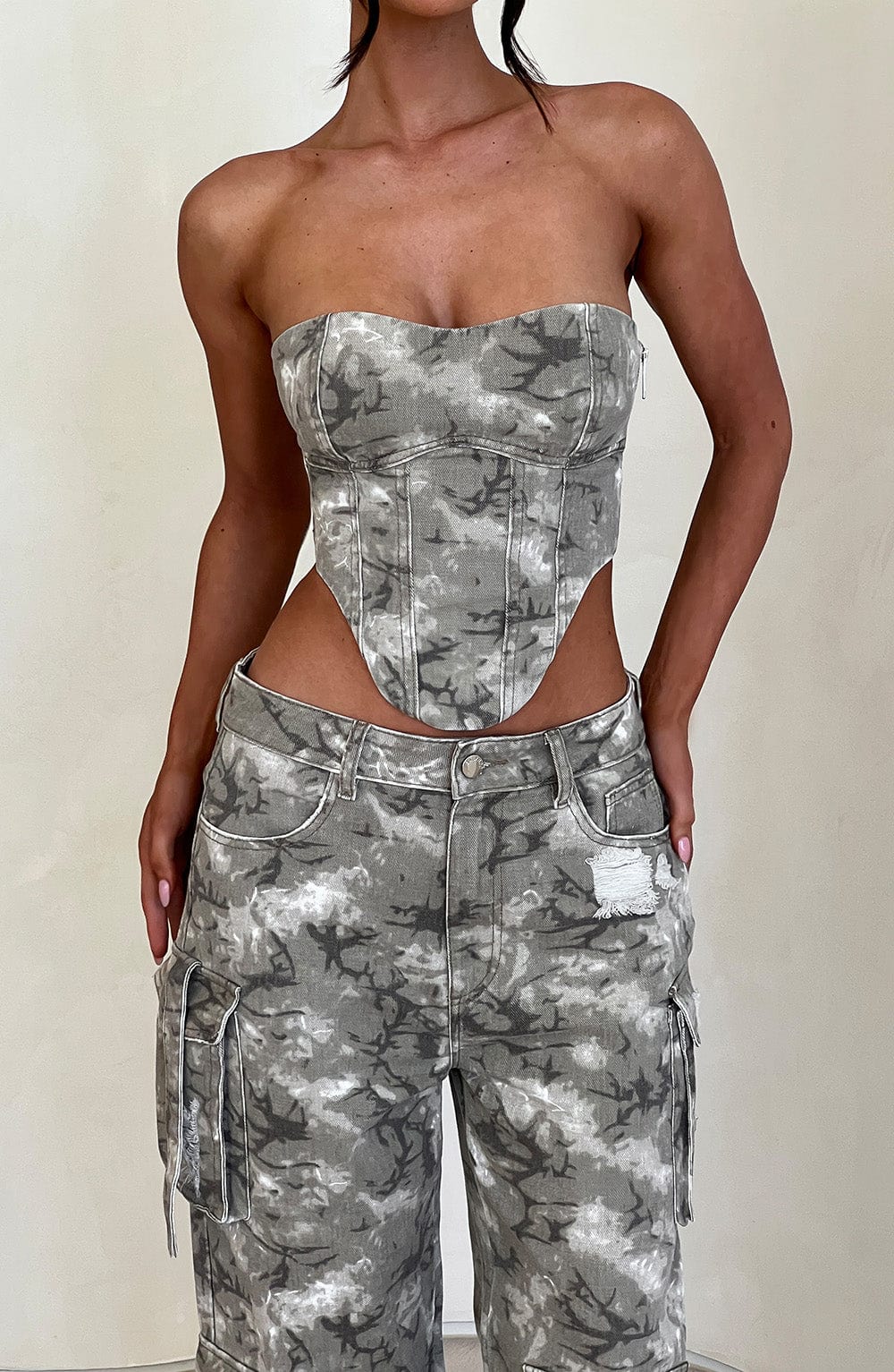 Yasie Corset Top - Strapless Camo Print Cotton Twill