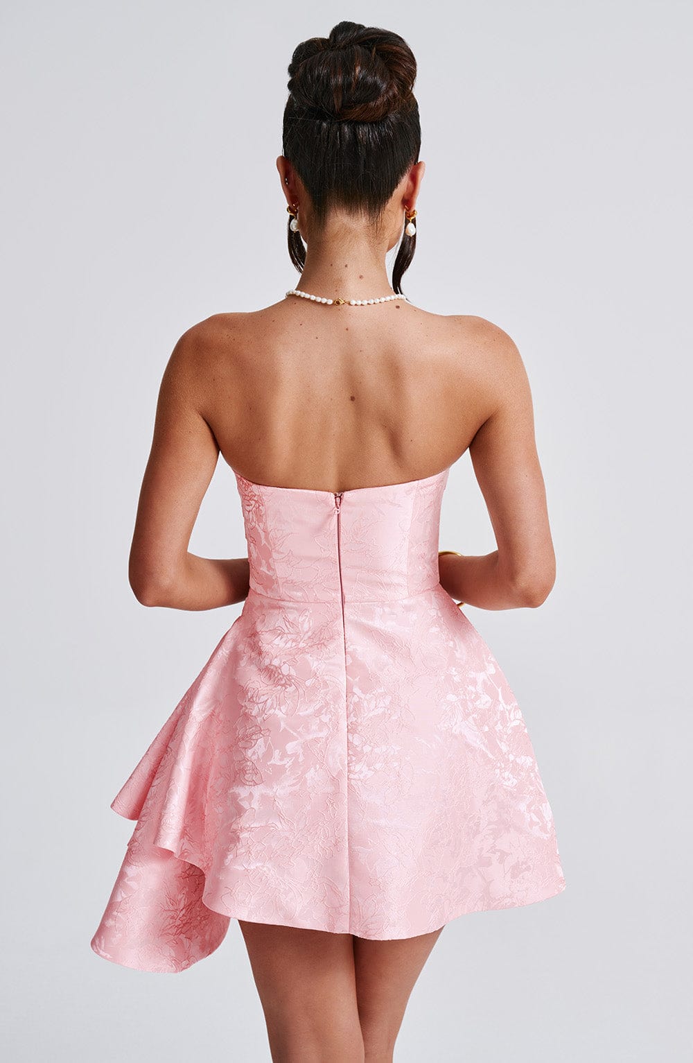 Blush Floral Jacquard Playsuit with Strapless Neckline - Elodie