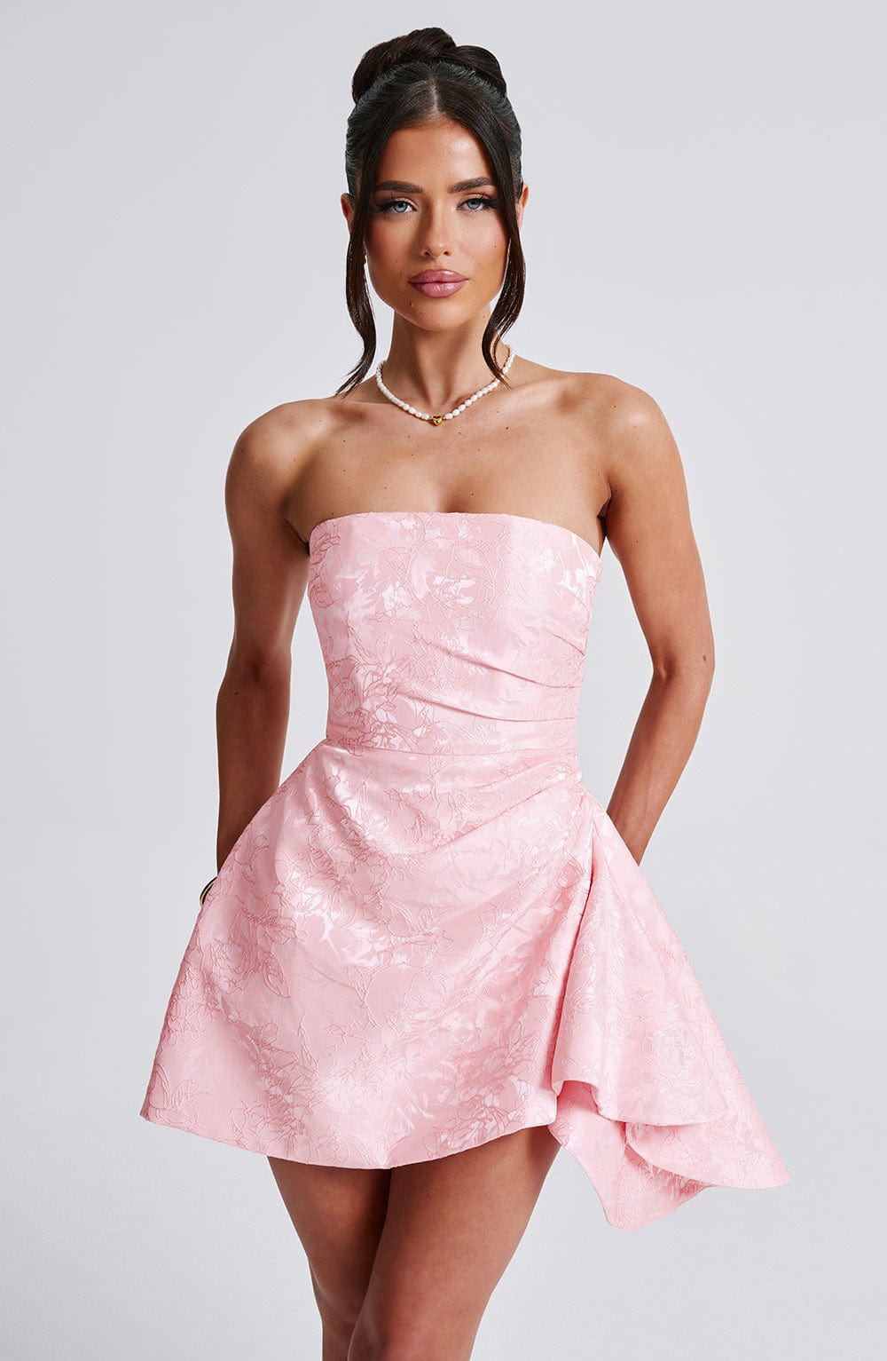 Blush Floral Jacquard Playsuit with Strapless Neckline - Elodie