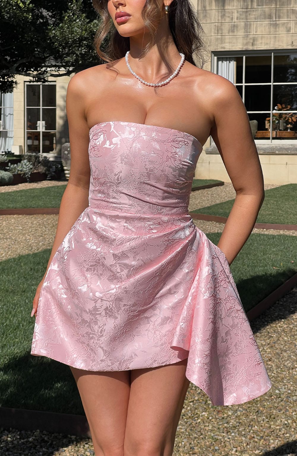 Blush Floral Jacquard Playsuit with Strapless Neckline - Elodie