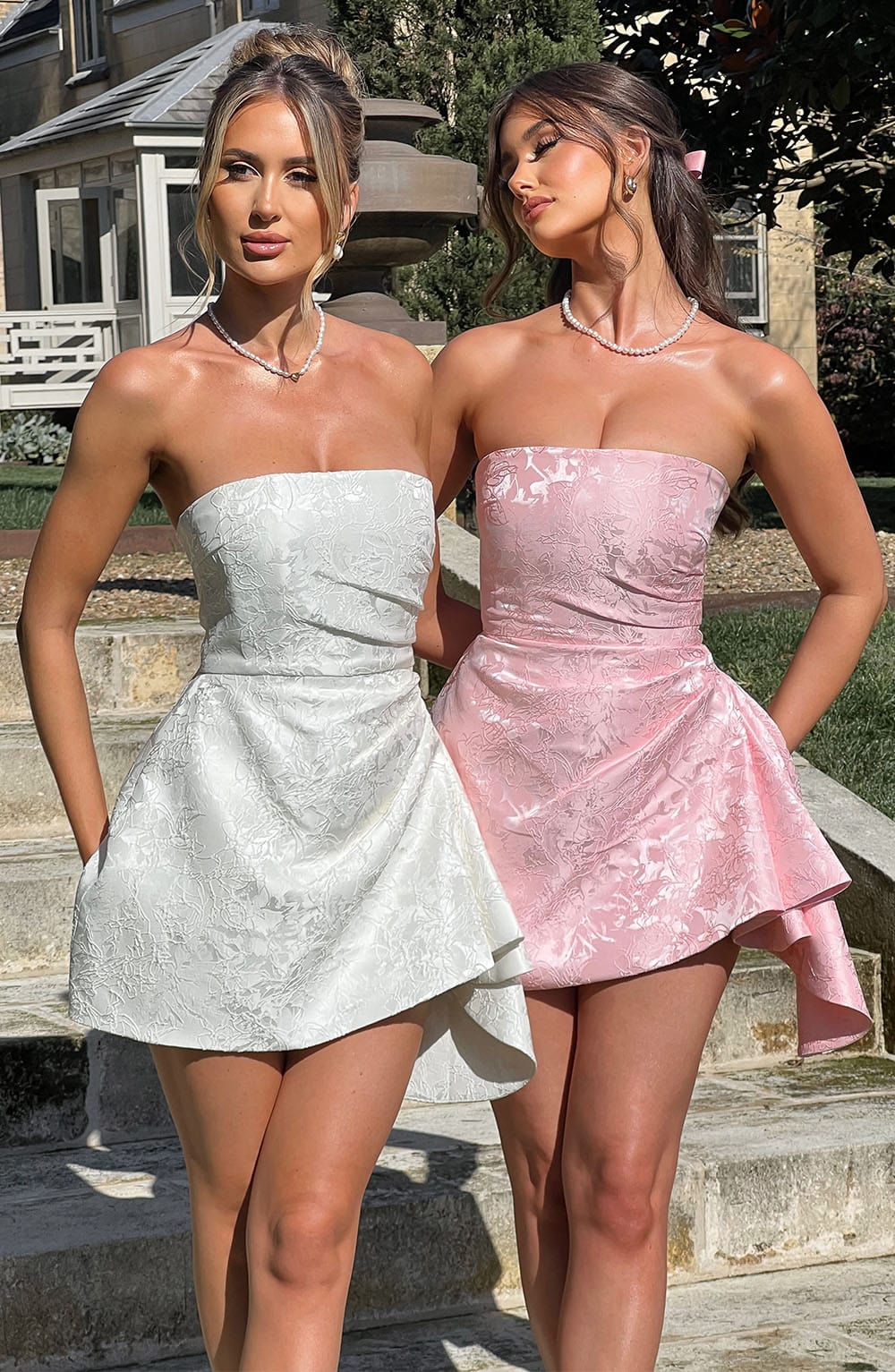 Blush Floral Jacquard Playsuit with Strapless Neckline - Elodie